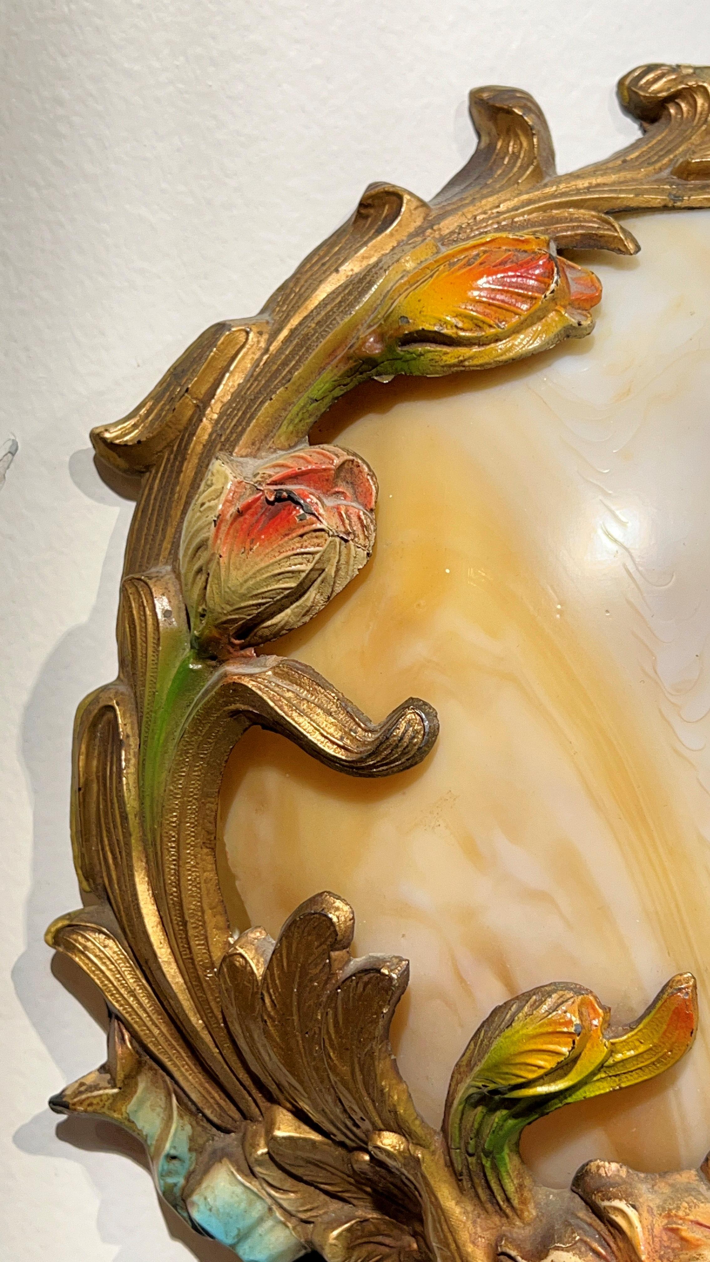 Pair Art Nouveau Cold-Painted Bronze and Glass Wall Lights For Sale 2