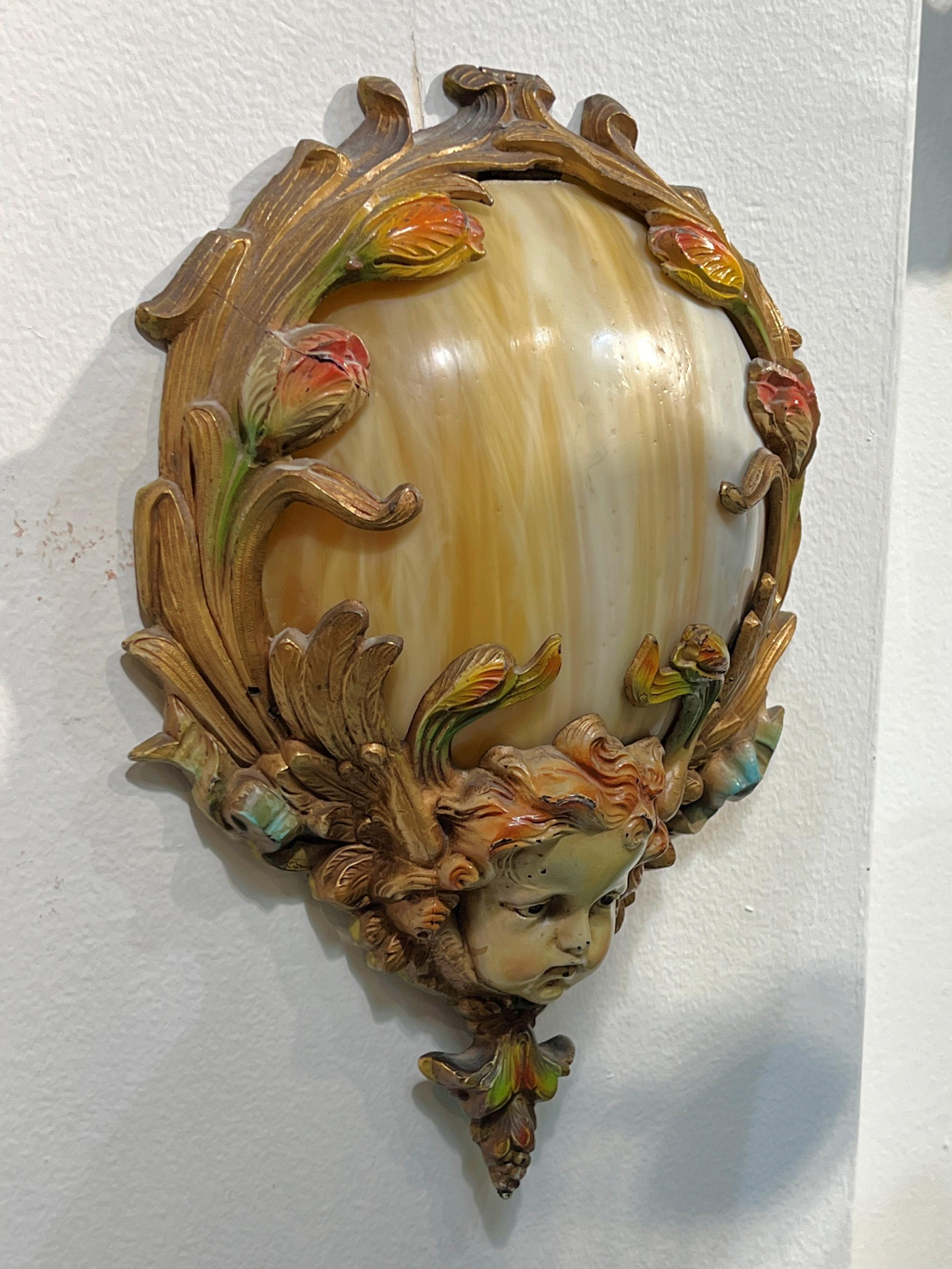 Pair Art Nouveau Cold-Painted Bronze and Glass Wall Lights For Sale 3