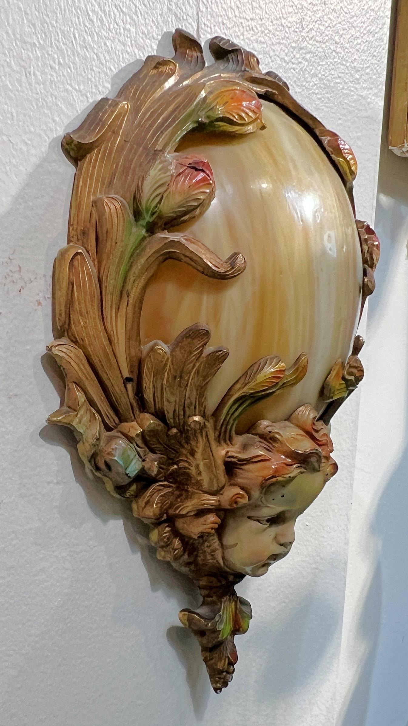 Pair Art Nouveau Cold-Painted Bronze and Glass Wall Lights For Sale 4