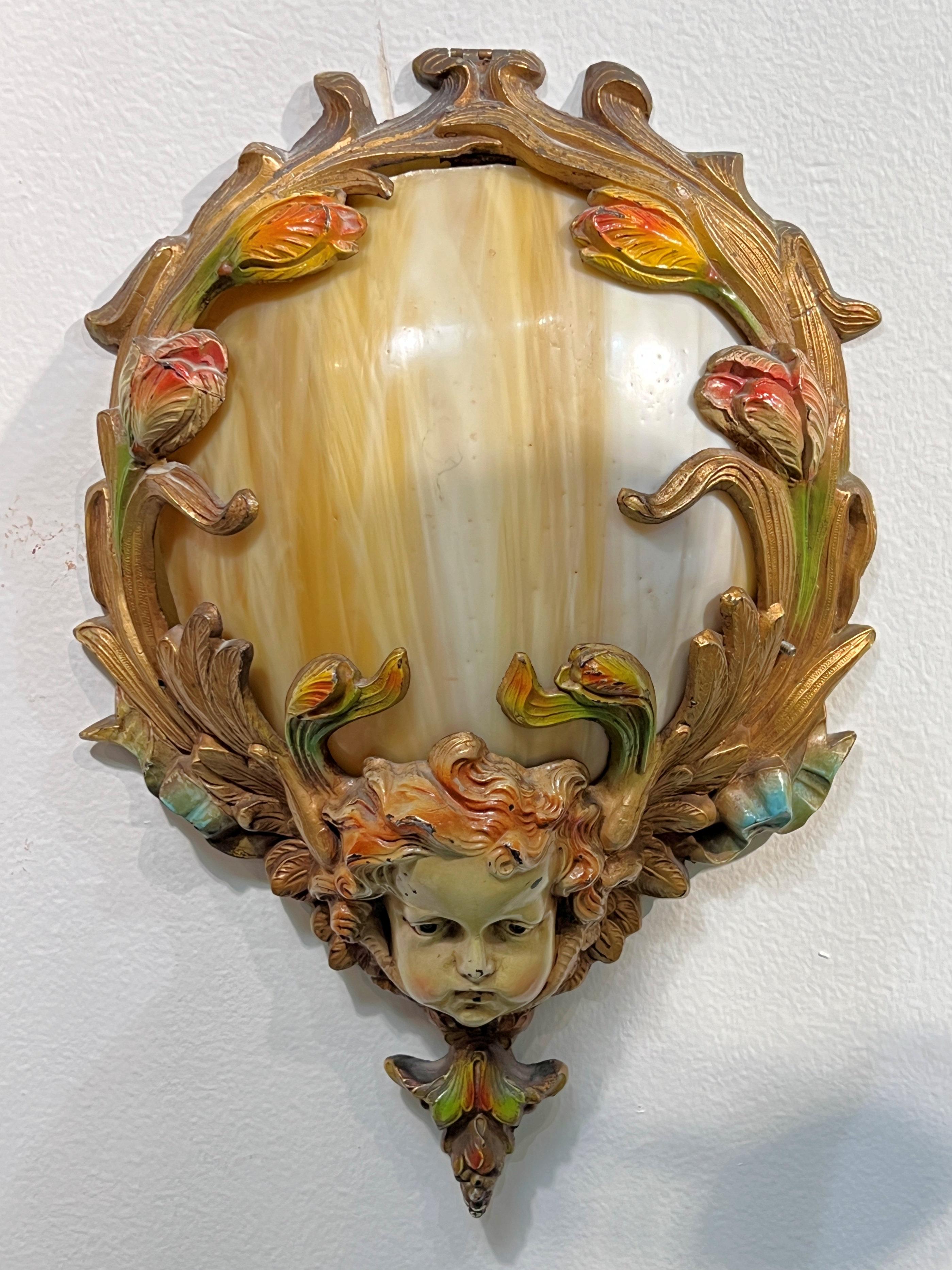 Pair Art Nouveau Cold-Painted Bronze and Glass Wall Lights For Sale 5