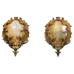 Pair Art Nouveau Cold-Painted Bronze and Glass Wall Lights