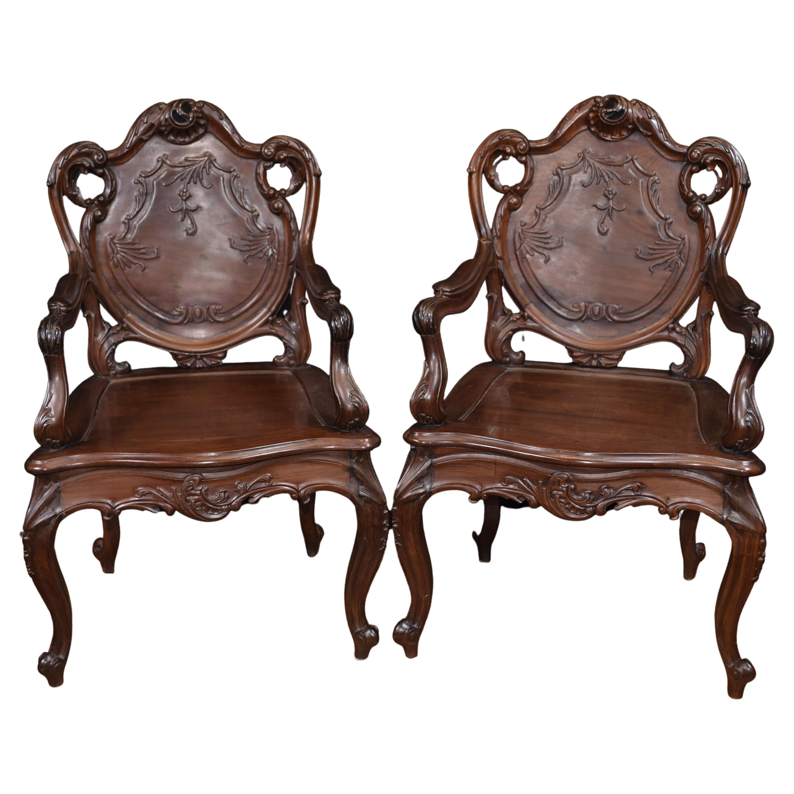 Pair Art Nouveau French Hard Wood Arm Chairs