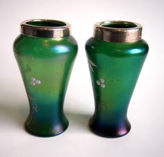Pair of Bohemian Art Nouveau Kralik Silver Topped Enamelled Glass Vases
