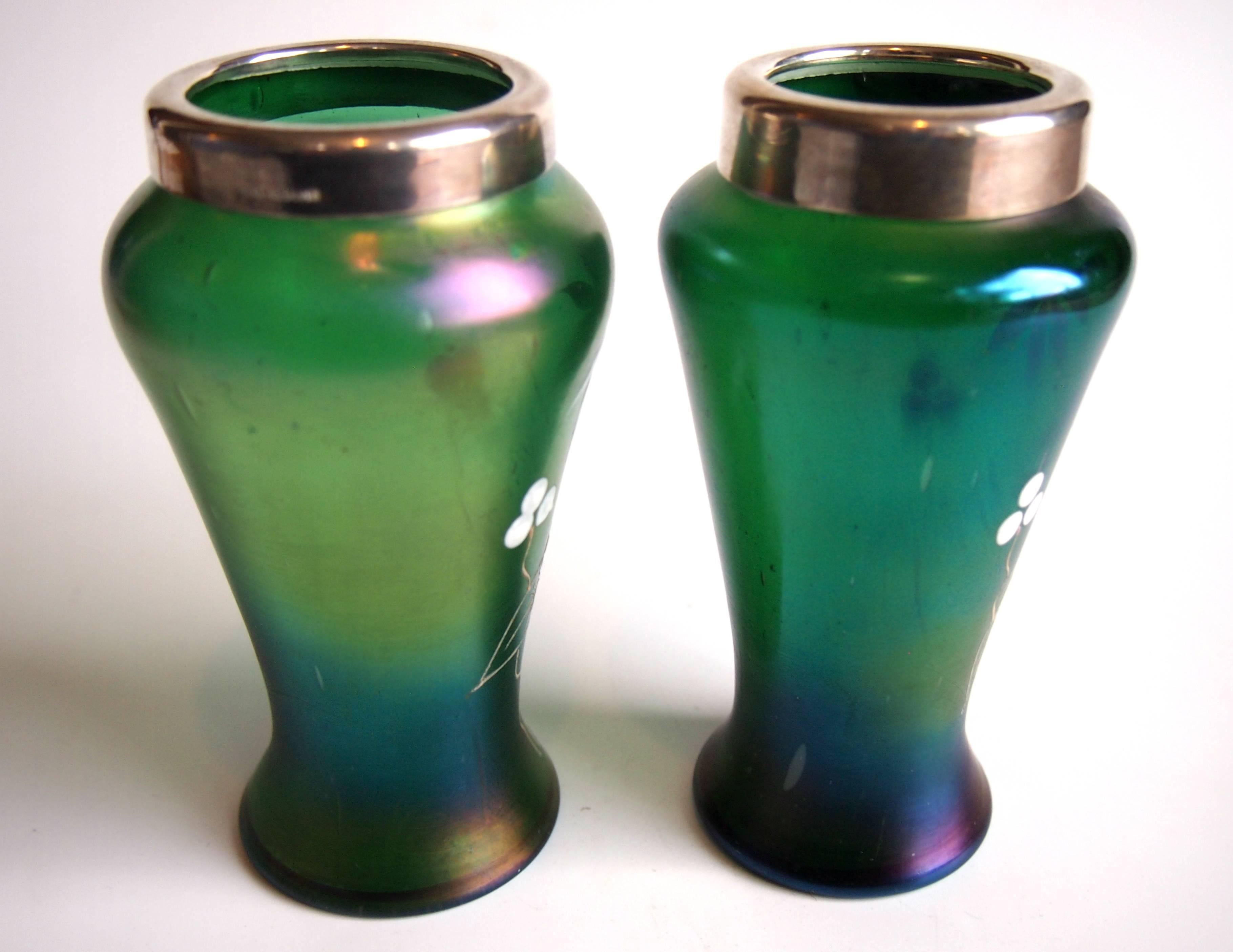 Pair of Bohemian Art Nouveau Kralik Silver Topped Enamelled Glass Vases In Good Condition For Sale In London, GB