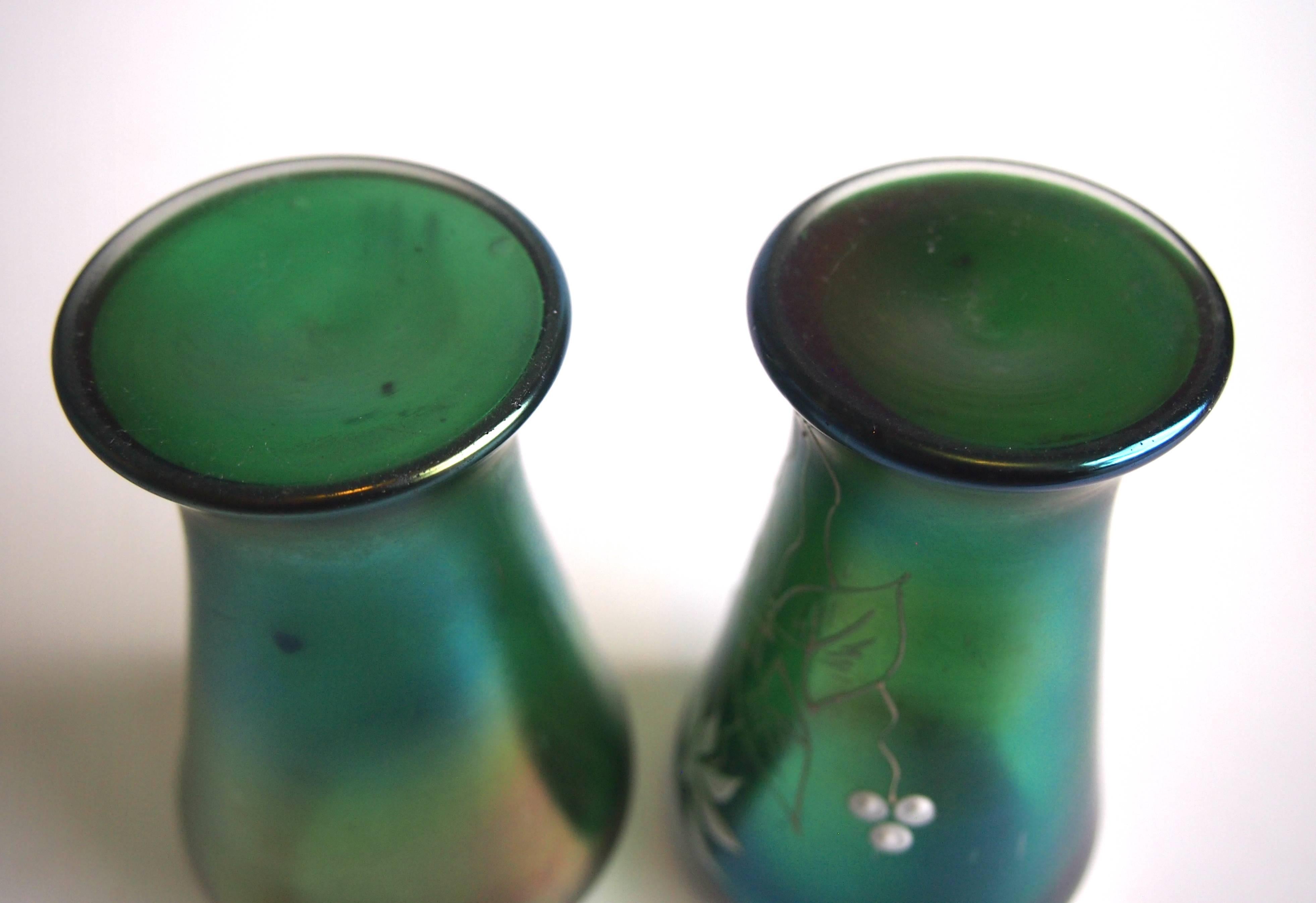 Sterling Silver Pair of Bohemian Art Nouveau Kralik Silver Topped Enamelled Glass Vases For Sale