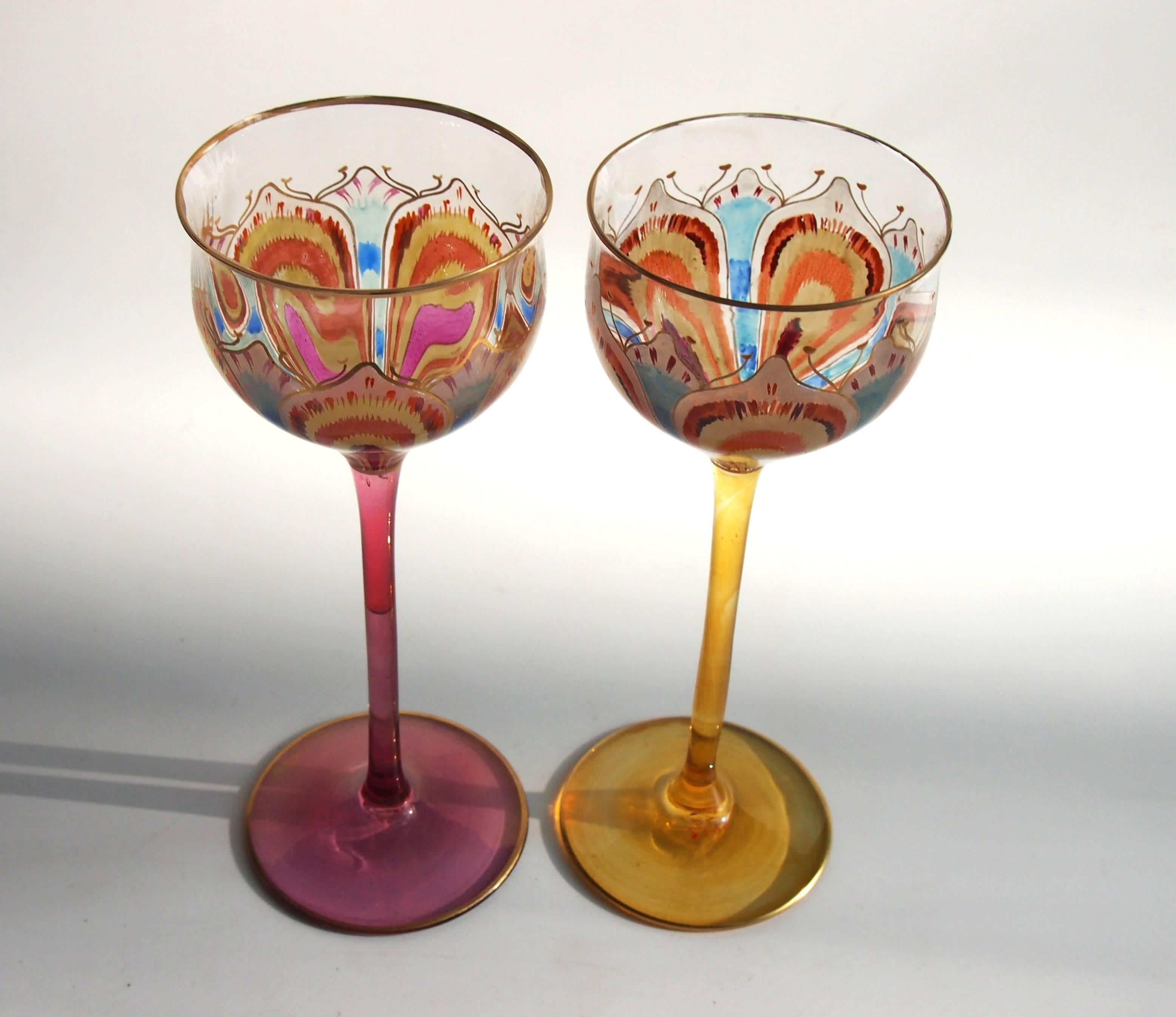 Czech Pair of Art Nouveau Meyr's Neffe Psychodelic Flower Glasses