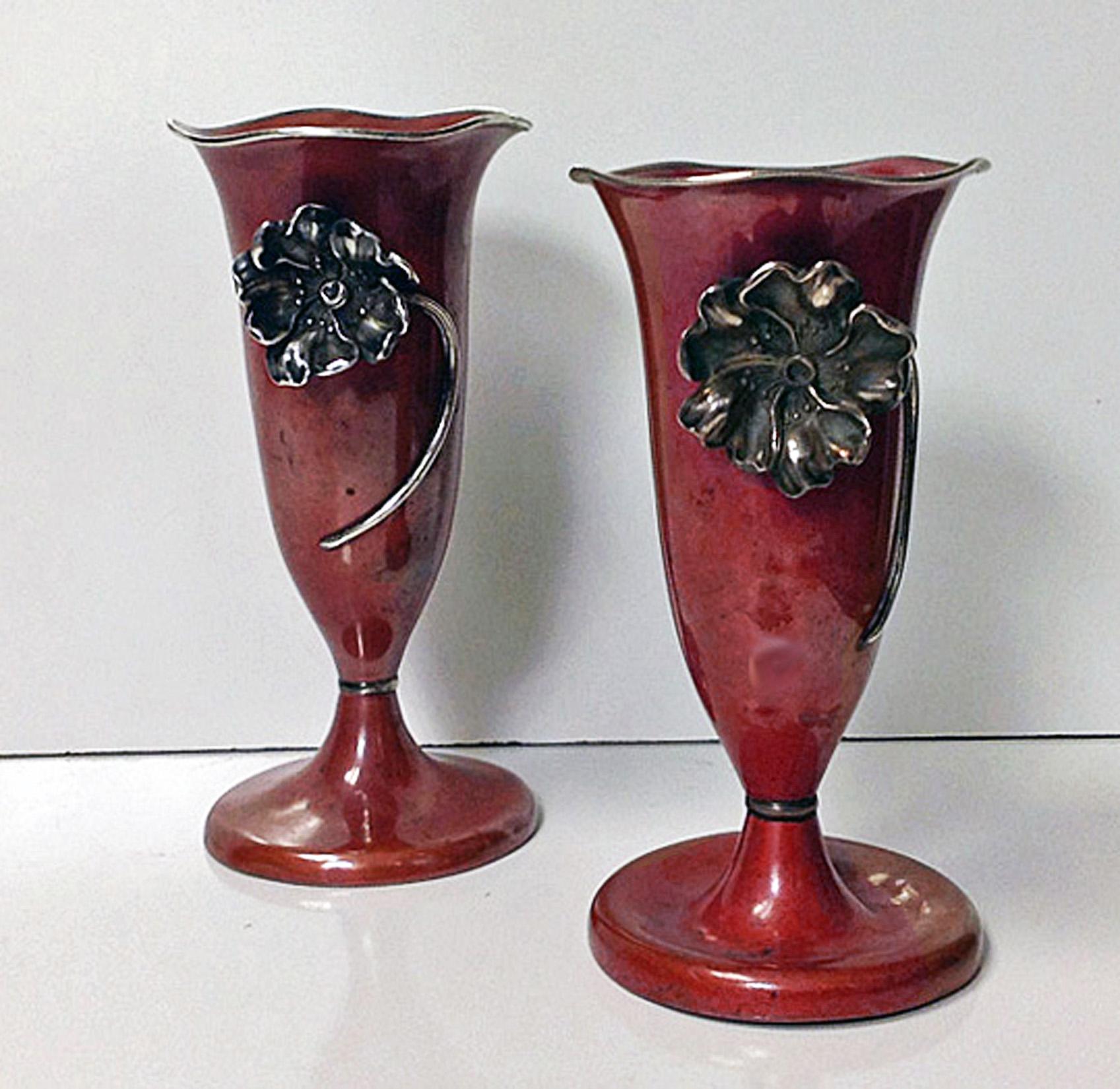 Pair of matched American Art Nouveau Mixed Metal Sterling and Copper Vases, La Pierre, New York, circa 1900. Each of tapered vase shaped form on welled circular base rising to vase, accented with sterling band on lower part with an an applied