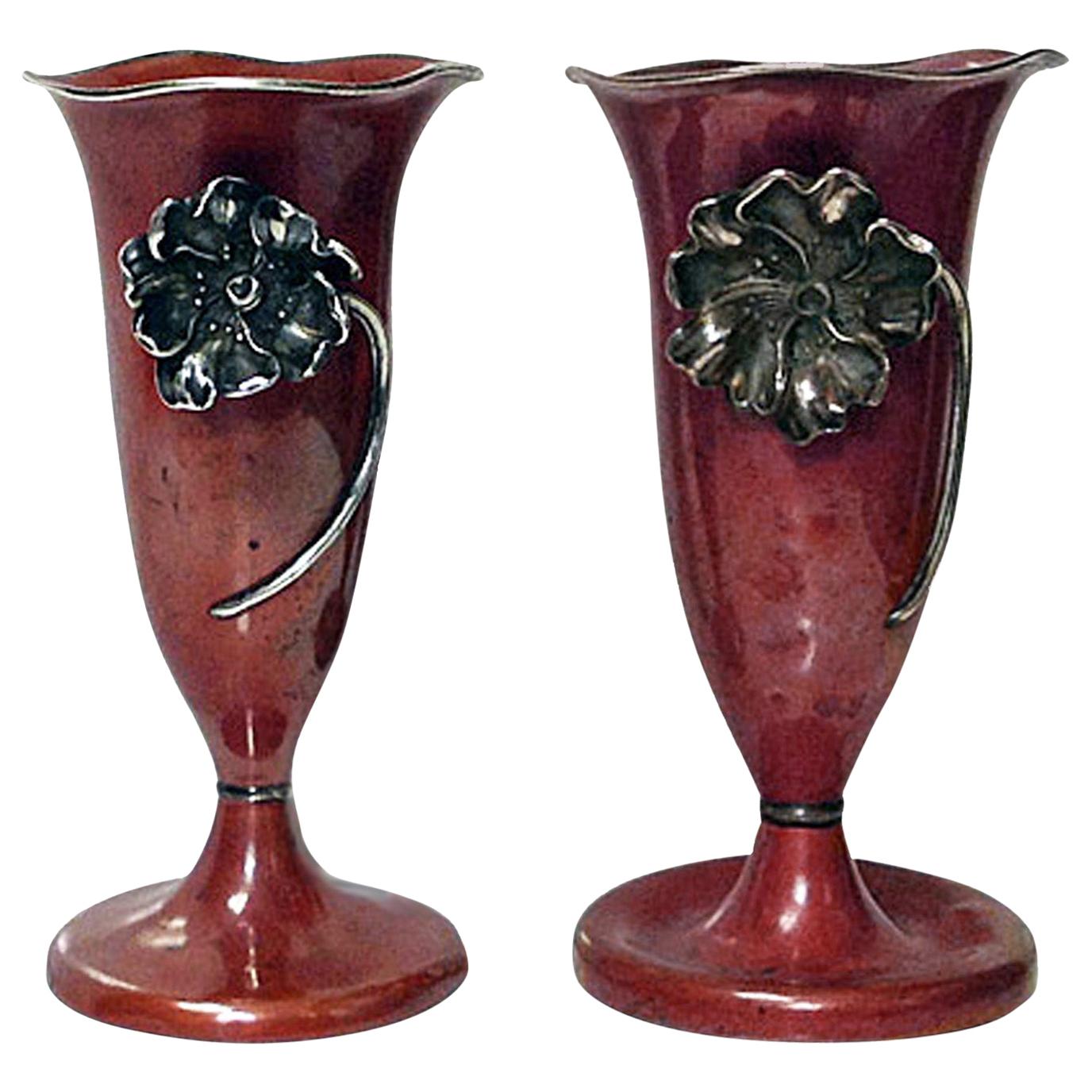 Pair of Art Nouveau Mixed Metal Sterling Vases La Pierre New York, circa 1900