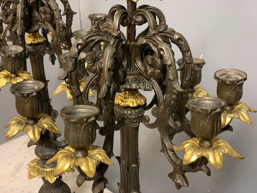 French Pair of Art Nouveau of 6 Branch Bronze Effect and Gilt Brass Candelabras