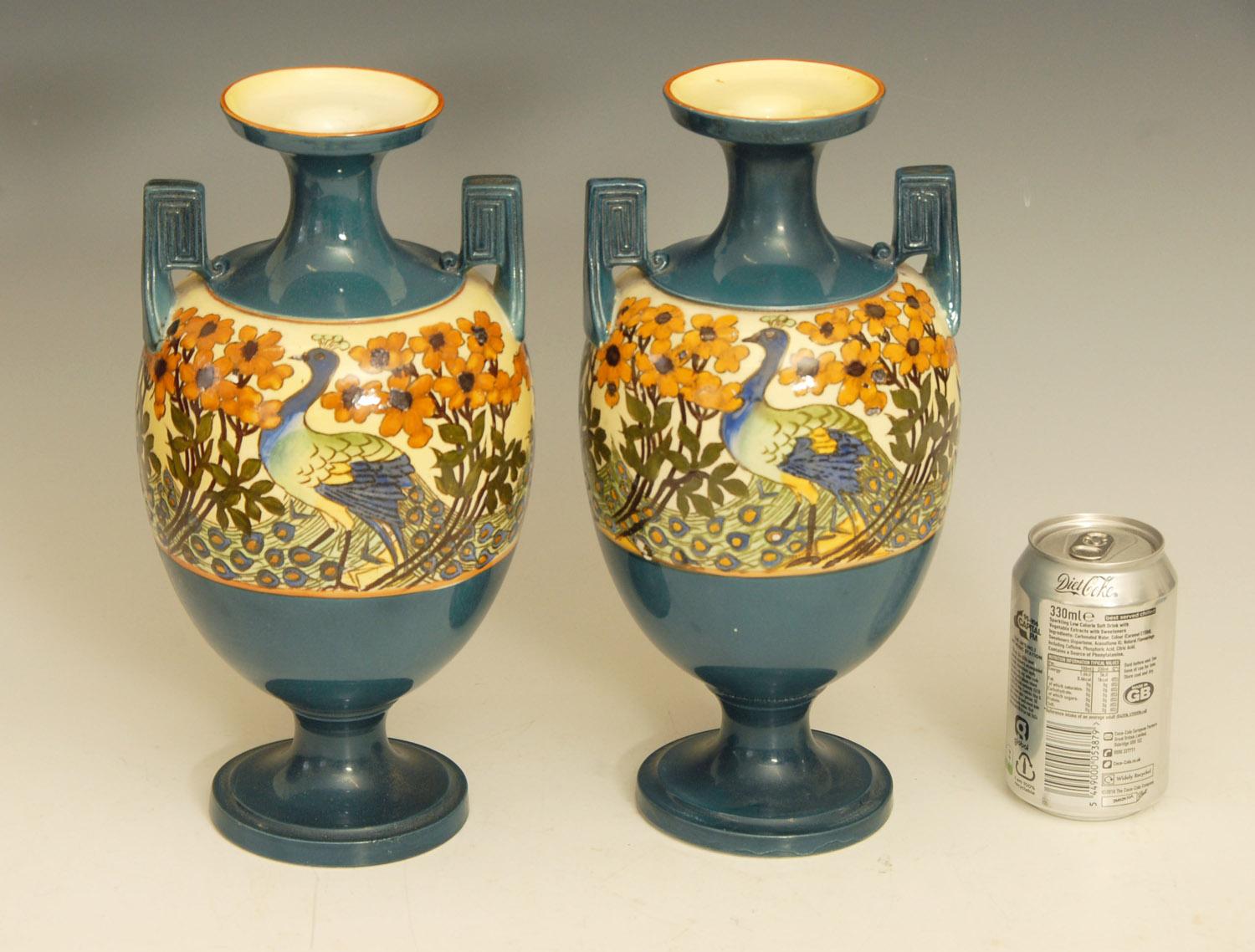Ceramic Pair of Art Nouveau Royal Staffordshire Peacock Vases