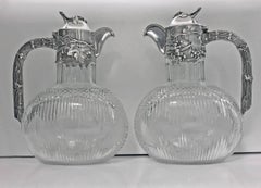 Pair Art Nouveau Silver and Glass Claret Jugs, Germany, circa 1900