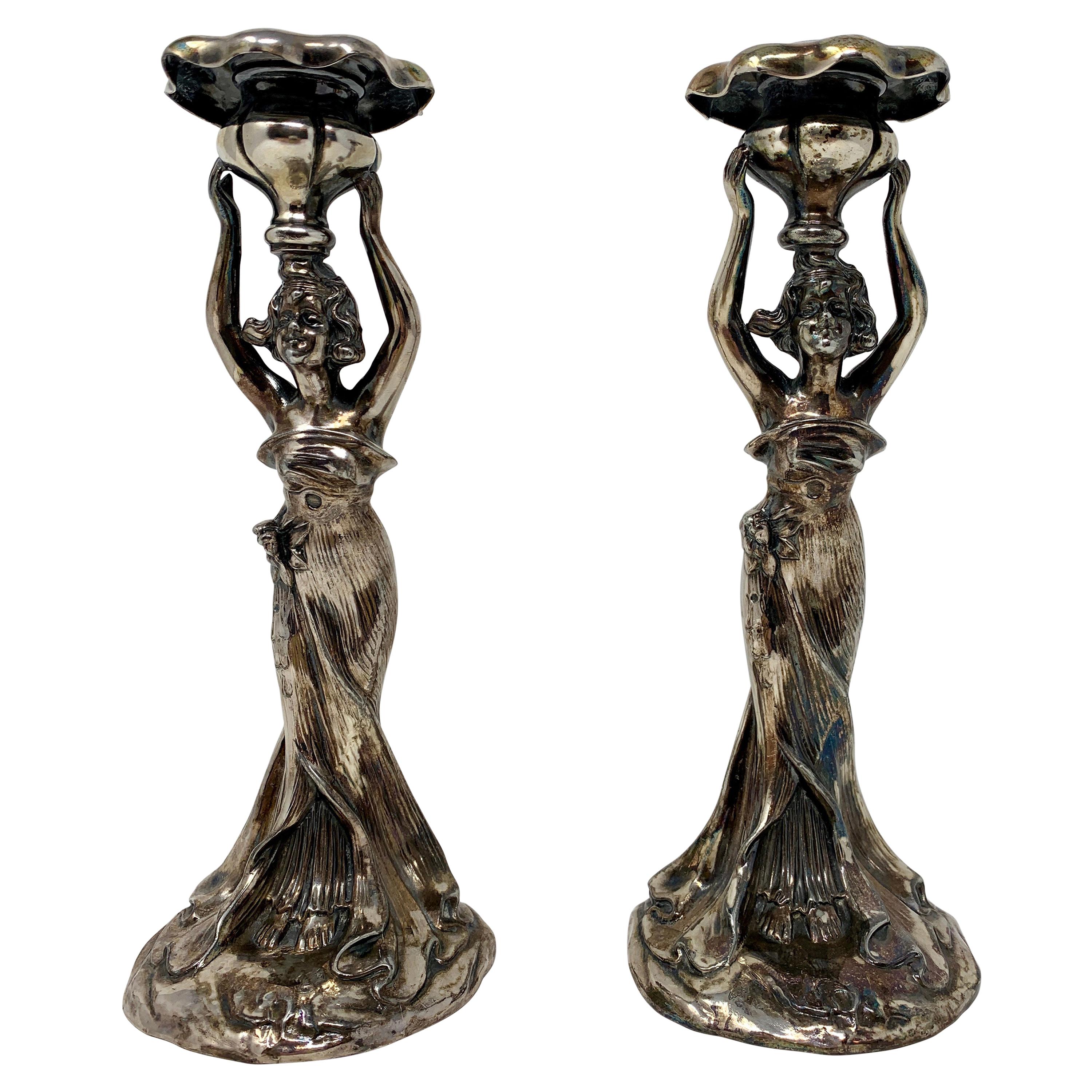 Pair of "Art Nouveau" Silver Plated Candlesticks For Sale