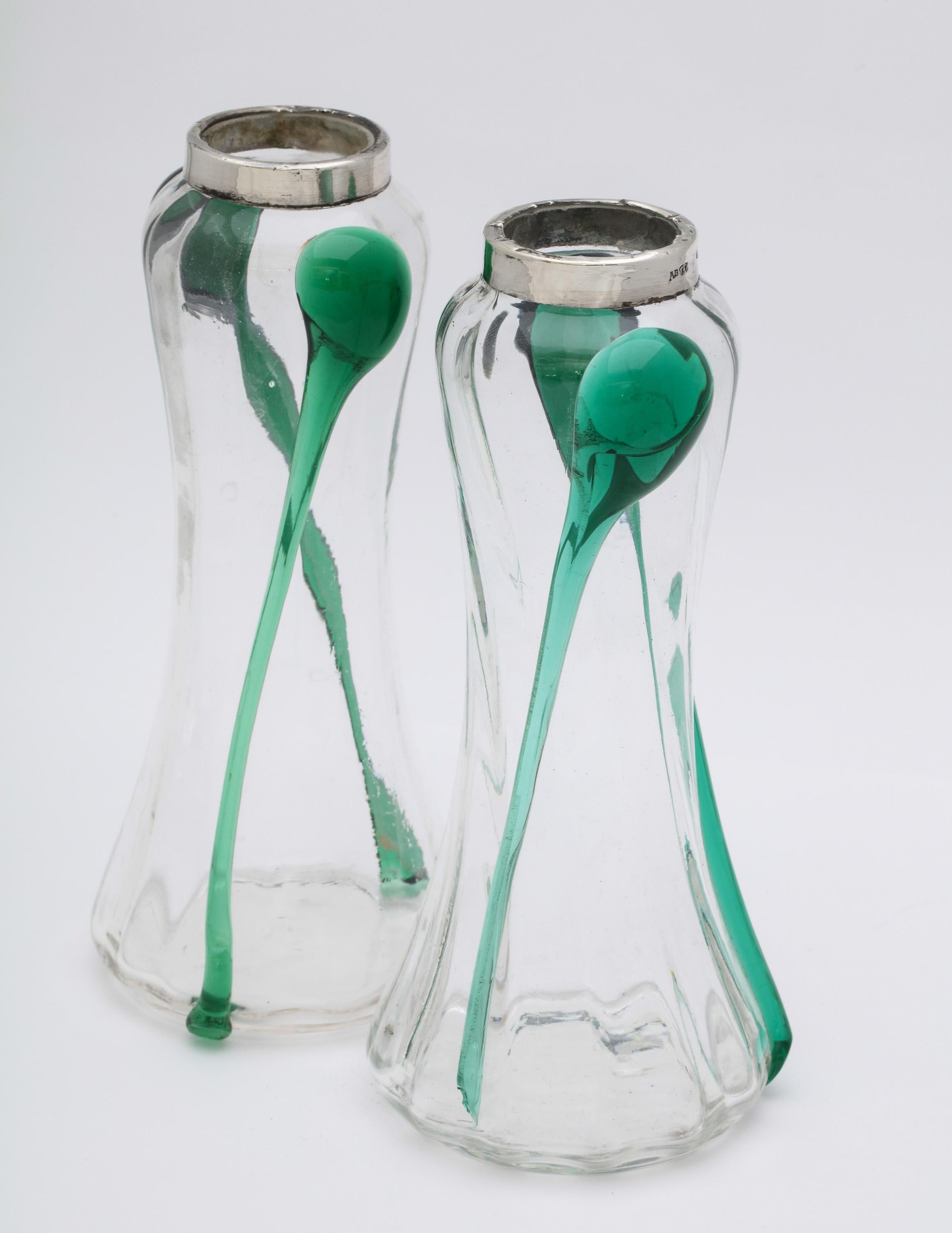 Art Nouveau Sterling Silver-Mounted Blown Green and Clear Glass Bud Vases, Pair 7