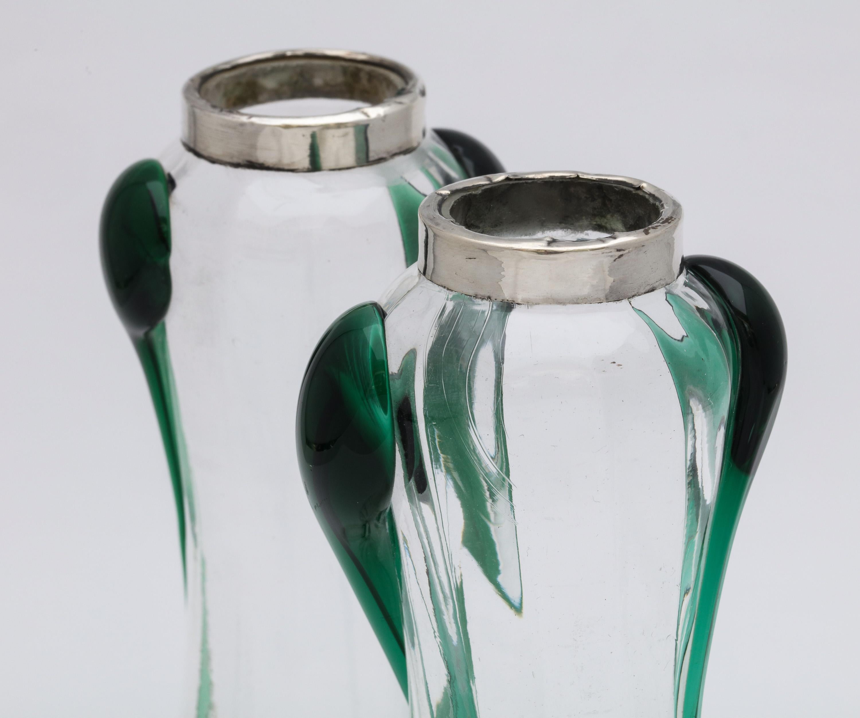 Art Nouveau Sterling Silver-Mounted Blown Green and Clear Glass Bud Vases, Pair 8
