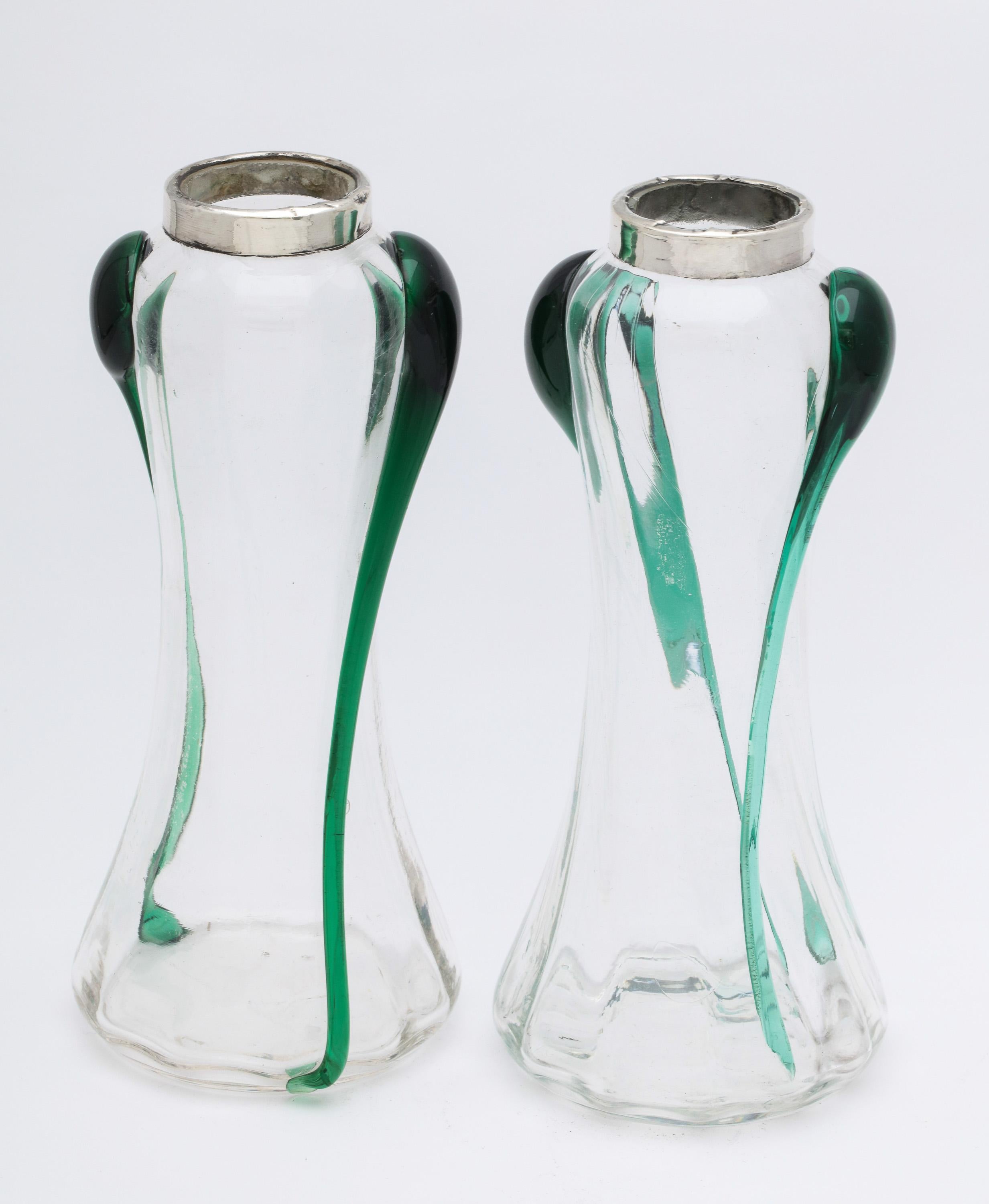 Art Nouveau Sterling Silver-Mounted Blown Green and Clear Glass Bud Vases, Pair 11