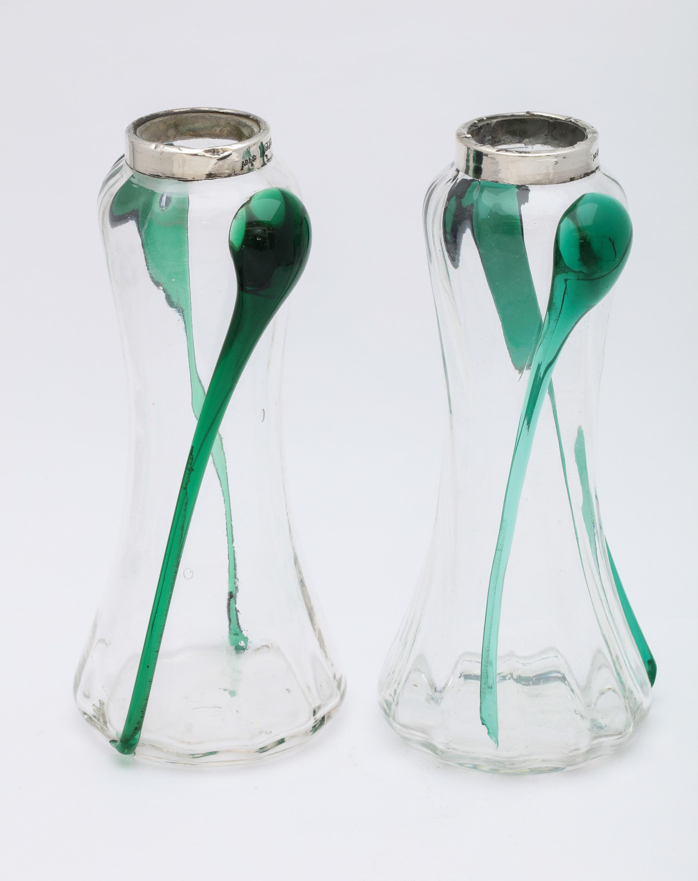 Art Nouveau Sterling Silver-Mounted Blown Green and Clear Glass Bud Vases, Pair 12