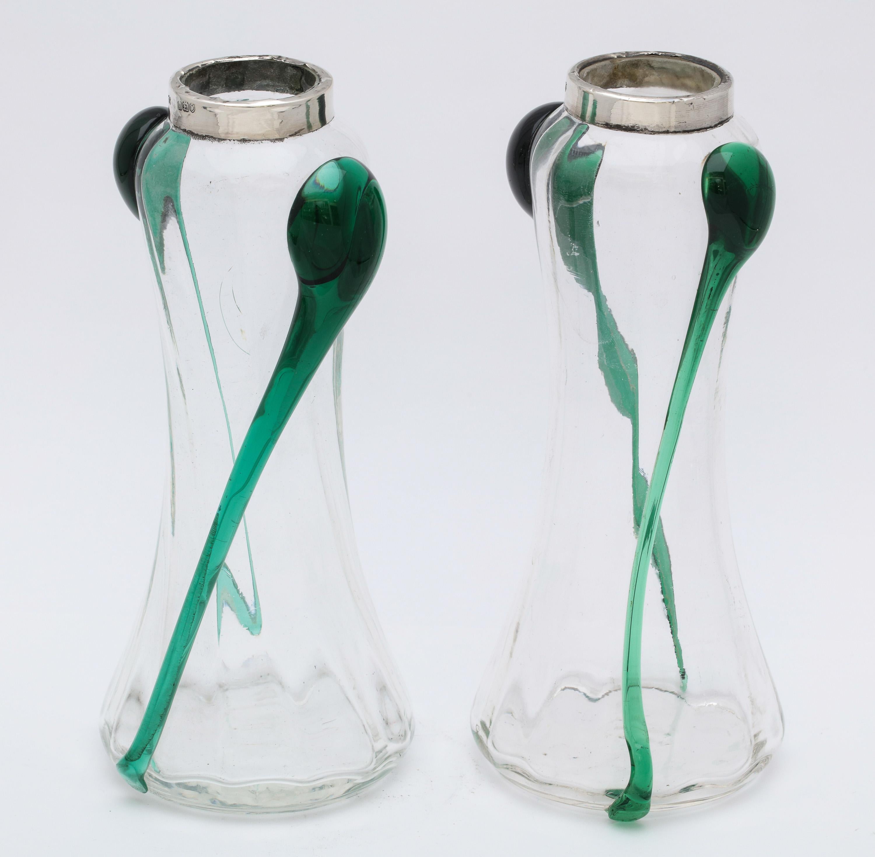 English Art Nouveau Sterling Silver-Mounted Blown Green and Clear Glass Bud Vases, Pair