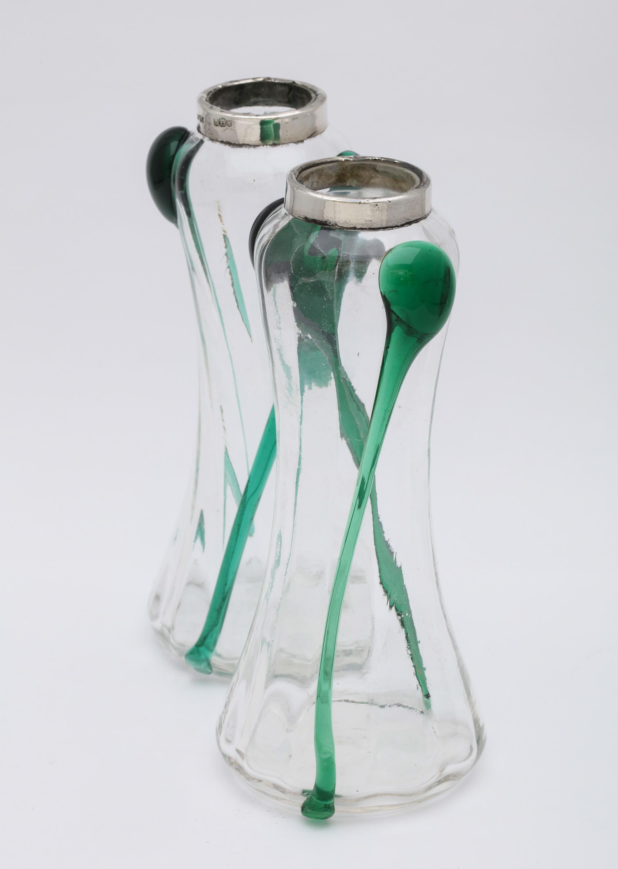 Early 20th Century Art Nouveau Sterling Silver-Mounted Blown Green and Clear Glass Bud Vases, Pair