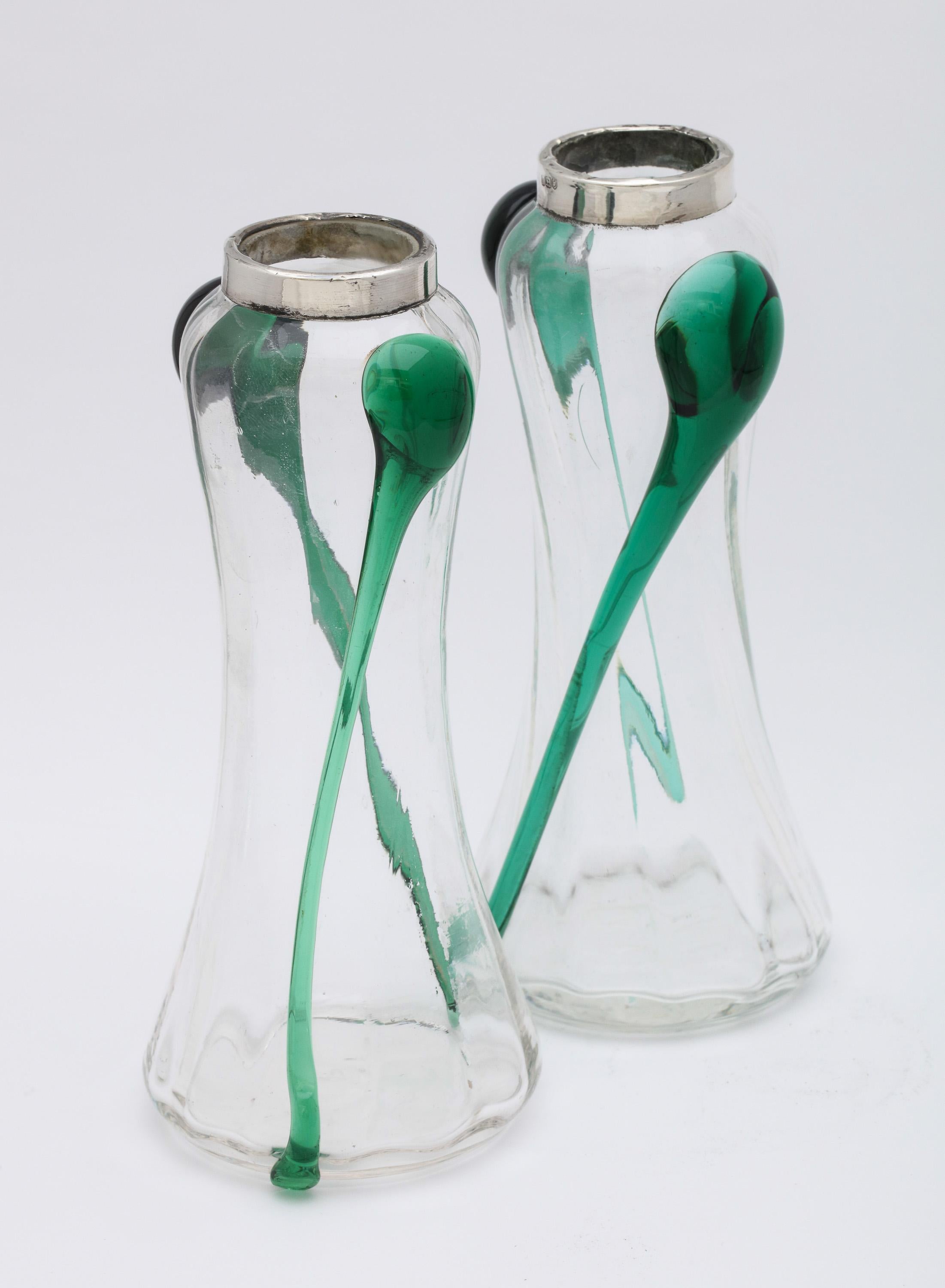 Art Nouveau Sterling Silver-Mounted Blown Green and Clear Glass Bud Vases, Pair 1