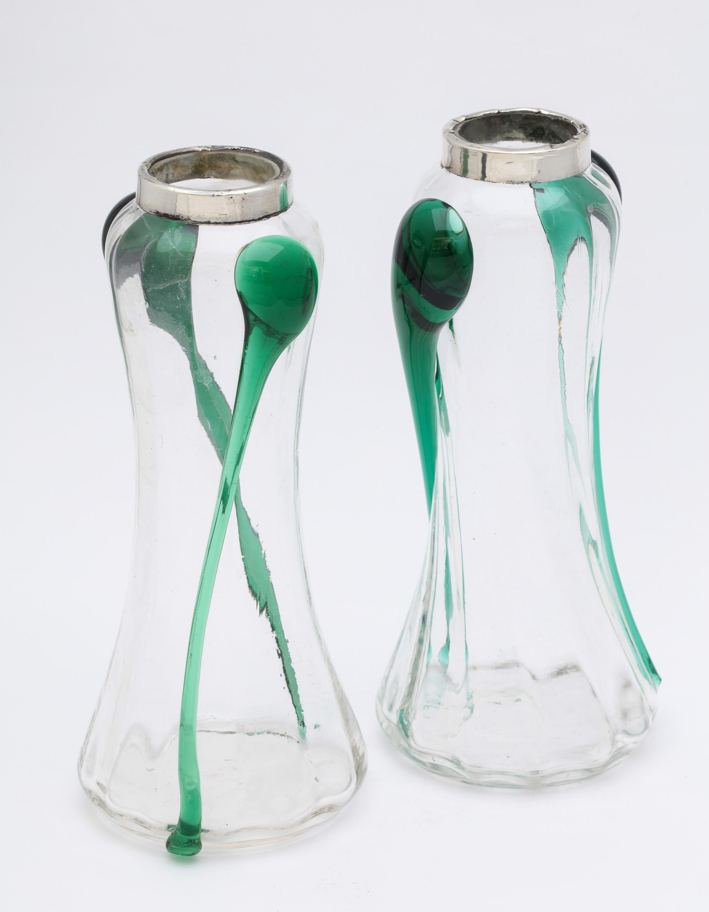 Art Nouveau Sterling Silver-Mounted Blown Green and Clear Glass Bud Vases, Pair 3