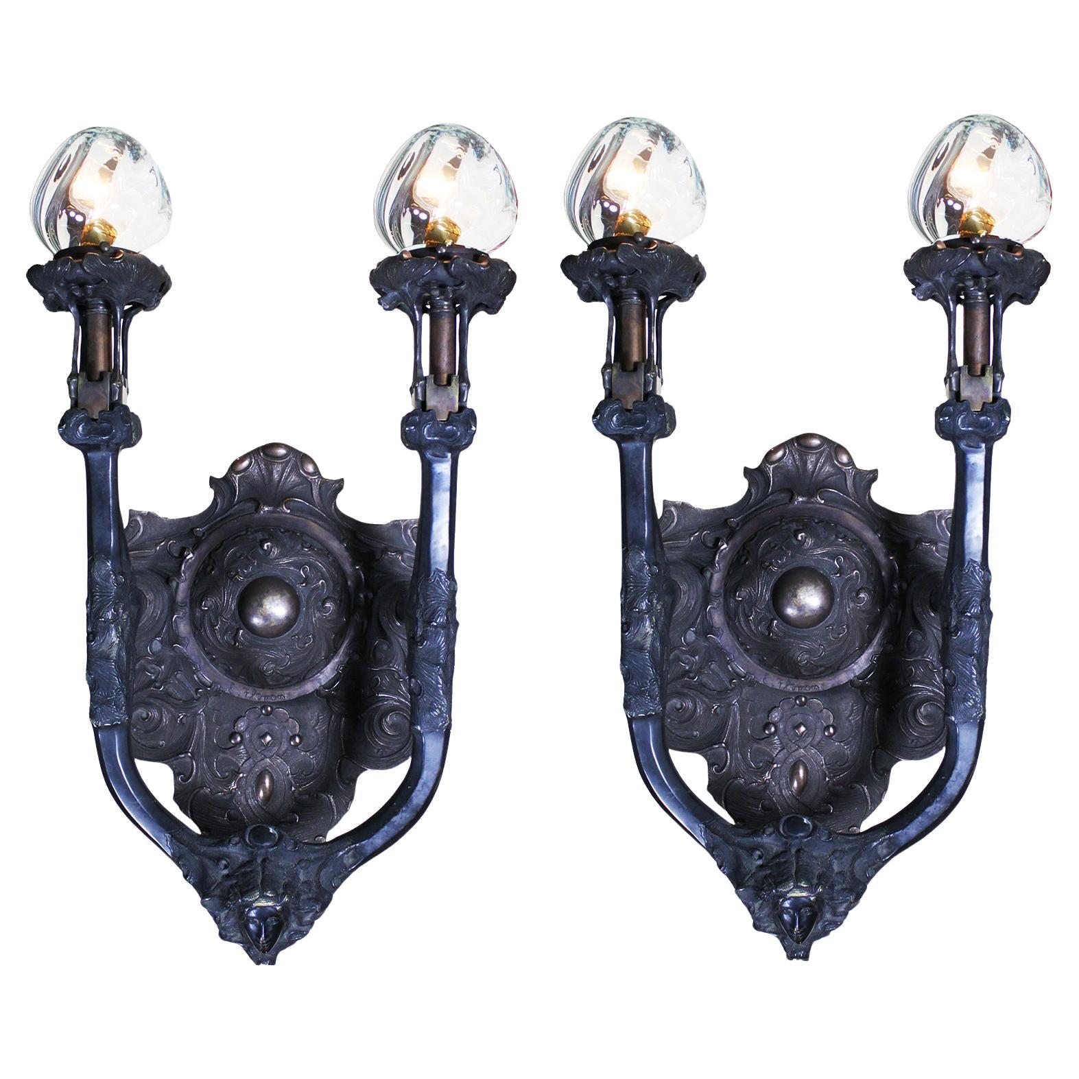 Pair Art-Nouveau Style Patinated Bronze 2-Light Wall Sconces, After G. Flamand