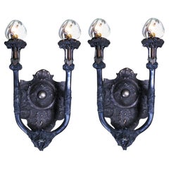 Pair Art-Nouveau Style Patinated Bronze 2-Light Wall Sconces, After G. Flamand