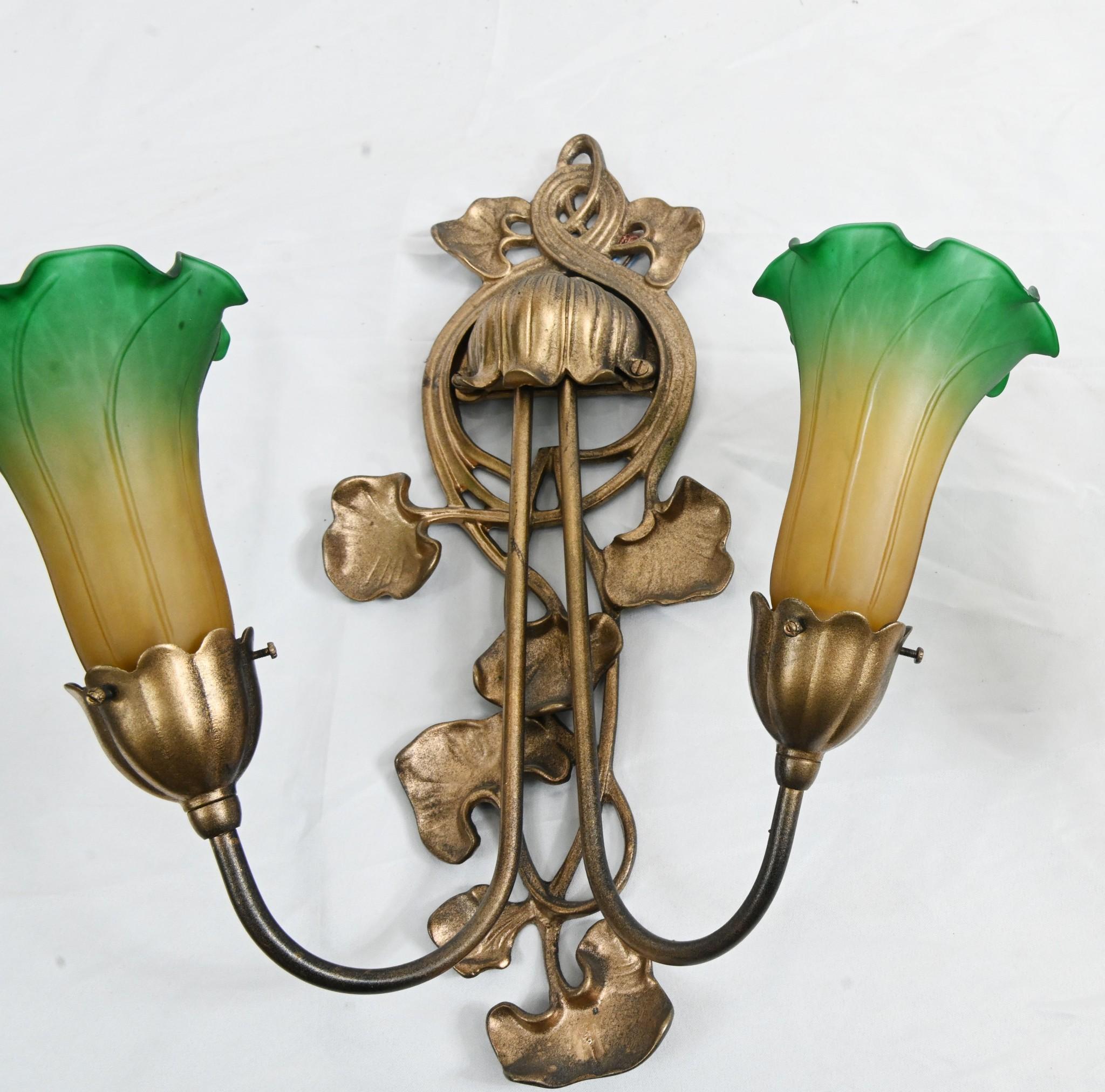 Glass Pair Art Nouveau Style Wall Lights Sconces For Sale