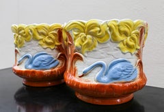 Pair Art Nouveau Swan Planters Jardinieres, Majolica, early 20th Century, France