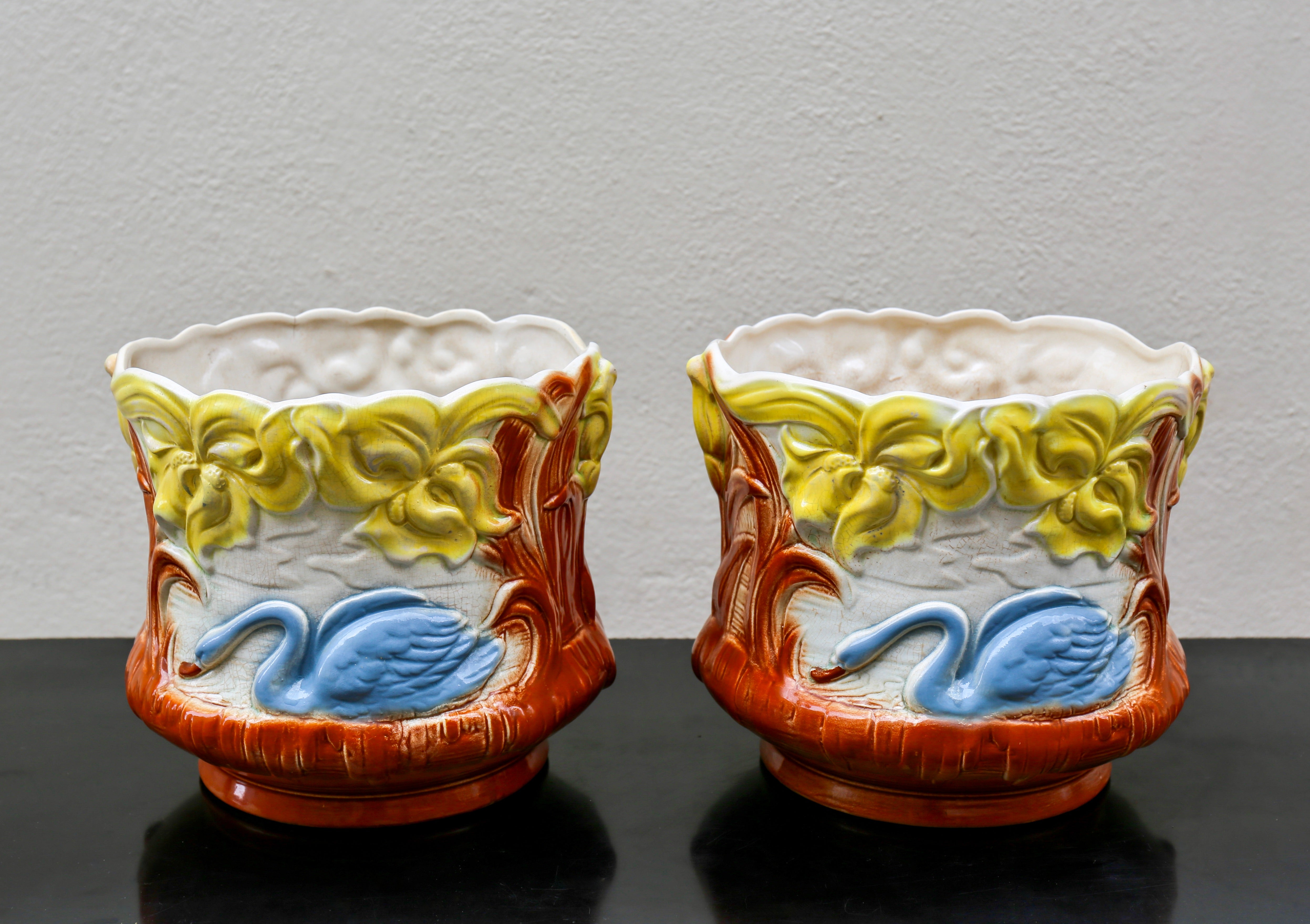 French Pair Art Nouveau Swan Planters Jardinieres, Majolica, early 20th Century, France For Sale