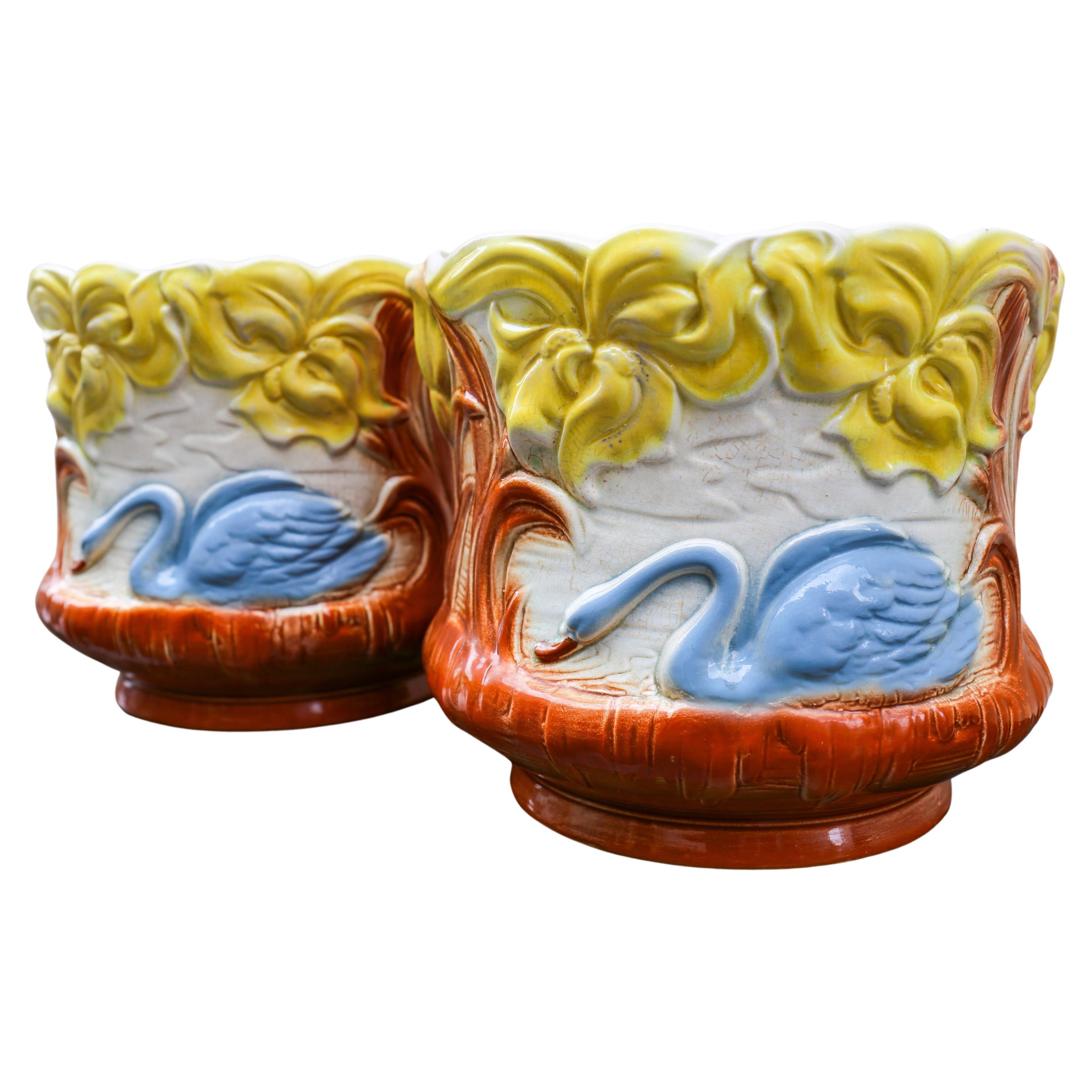 Pair Art Nouveau Swan Planters Jardinieres, Majolica, early 20th Century, France For Sale 1
