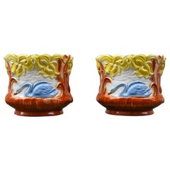 Pair Art Nouveau Swan Planters Jardinieres, Majolica, early 20th Century, France