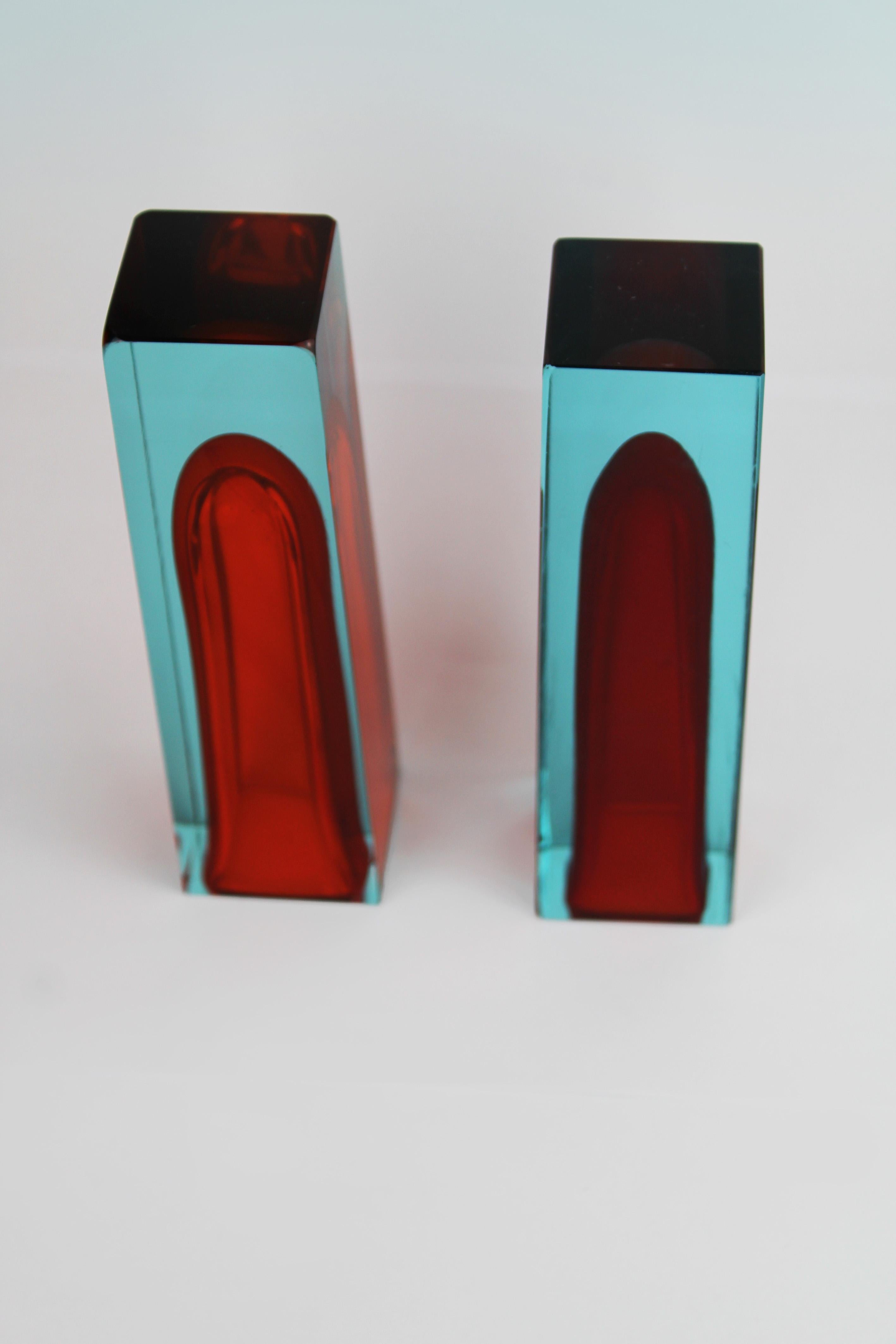 Paar Kunstvasen Murano Flavio Poli Rot Orange Blau Glas Mandruzzato 1960 Italien (Mitte des 20. Jahrhunderts) im Angebot