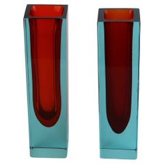 Pareja Jarrones Arte Murano Flavio Poli Rojo Naranja Azul Vidrio Mandruzzato 1960 Italia