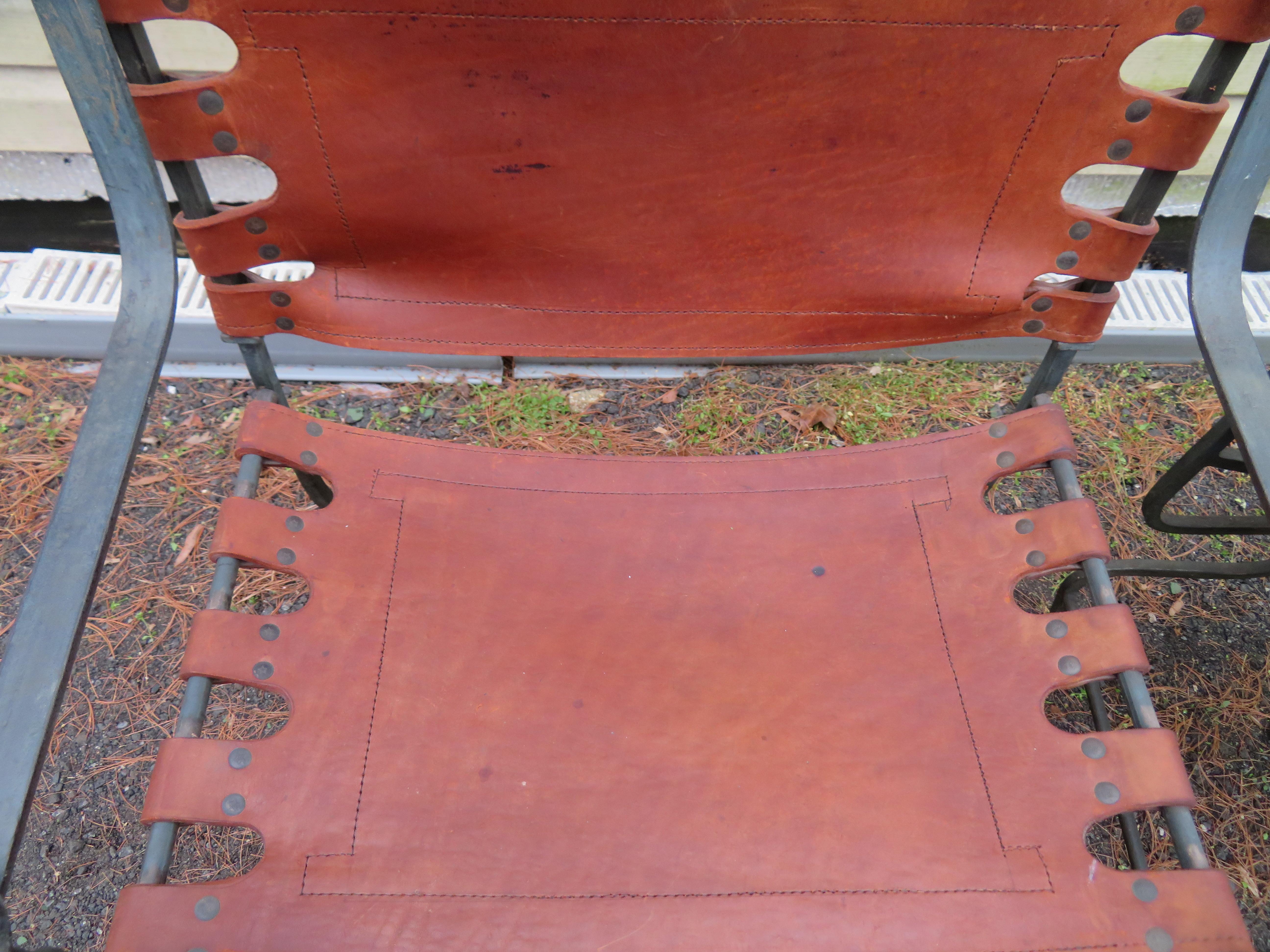 Mid-20th Century Pair Arte De Mexico Iron Leather Savonarola Dante or Curule Chairs For Sale