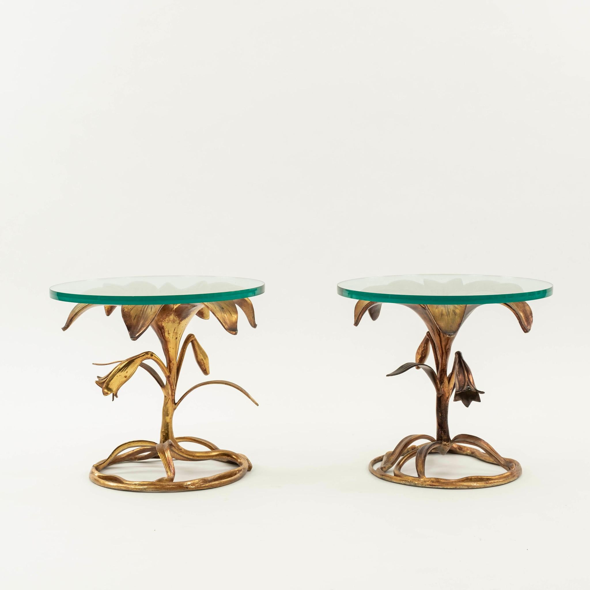 A lovely pair of vintage Arthur Court gilt metal lily occasional tables with new showroom glass.