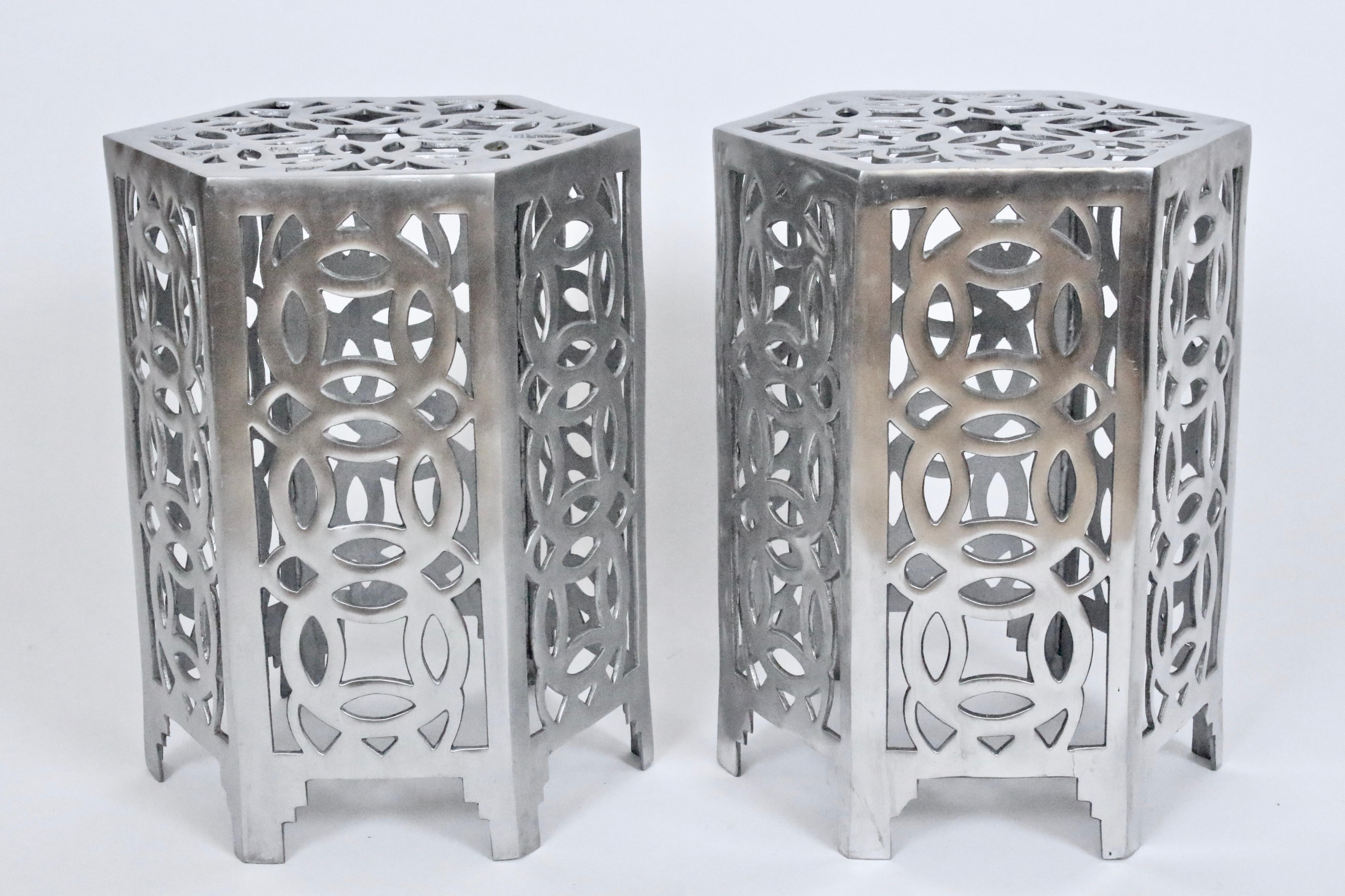 Pair Arthur Court Style Polished Aluminum Chinese Coin Hexagon Tables, 1970's For Sale 5