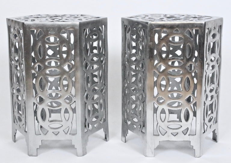 Modern Pair Arthur Court Style Polished Aluminum Chinese Coin Hexagon Tables, 1970's For Sale