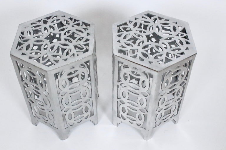 American Pair Arthur Court Style Polished Aluminum Chinese Coin Hexagon Tables, 1970's For Sale