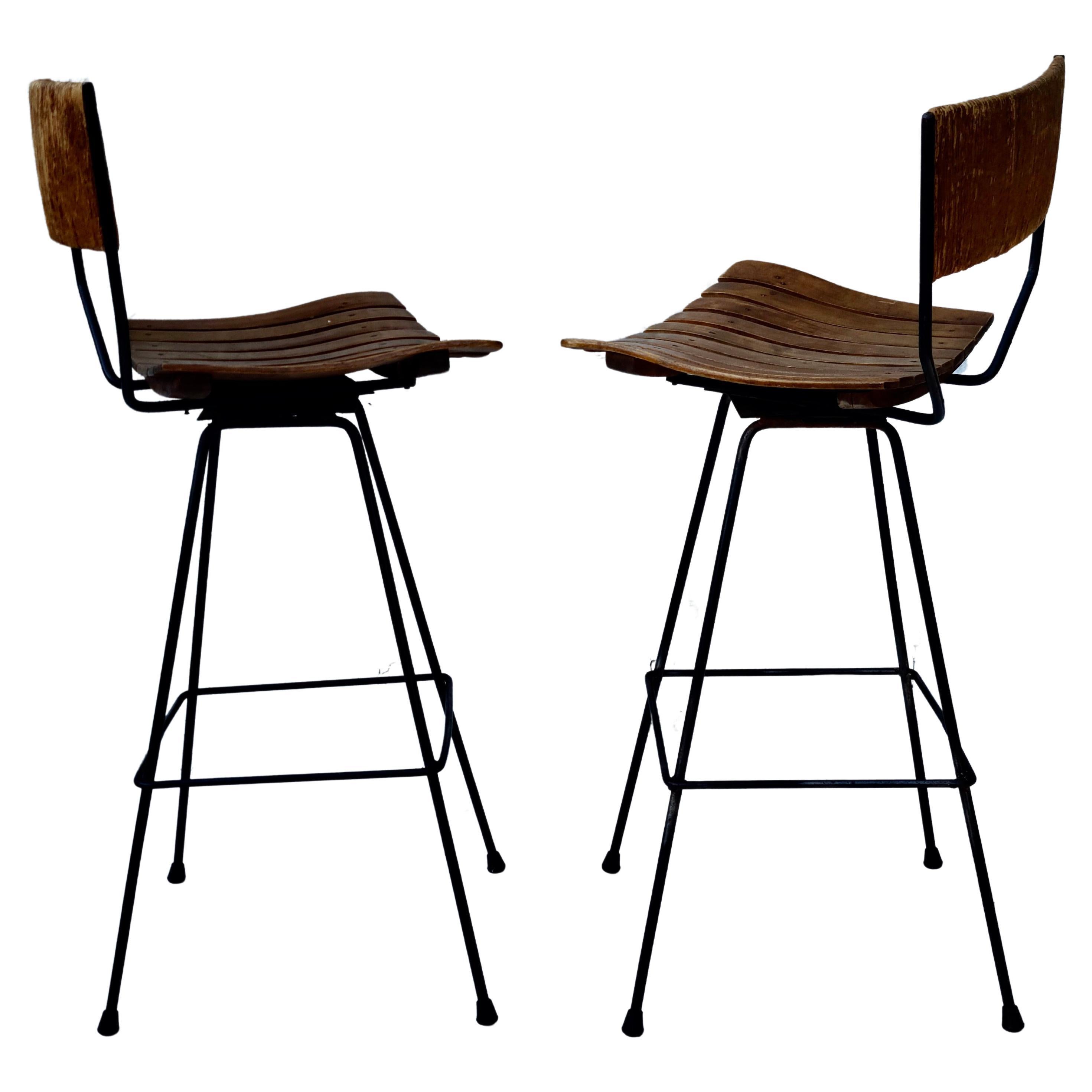 Raffia Pair Arthur Umanoff rotating Bar Stools