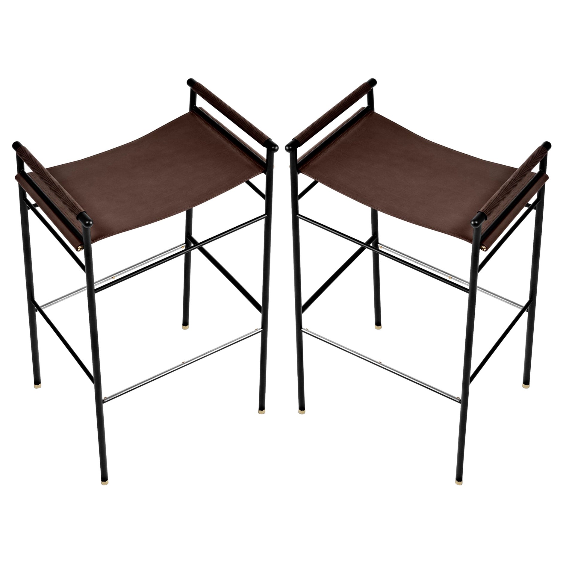 Pair Artisan Contemporary Barstool, Dark Brown Leather, Black Rubber Metal