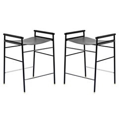 Par Taburete de Barra Artisan Contemporáneo Cuero Negro Caucho Negro Metal
