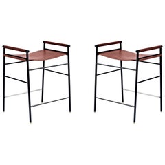 Coppia di sgabelli da bancone Artisan Contemporary Cognac Leather Black Rubber Metal