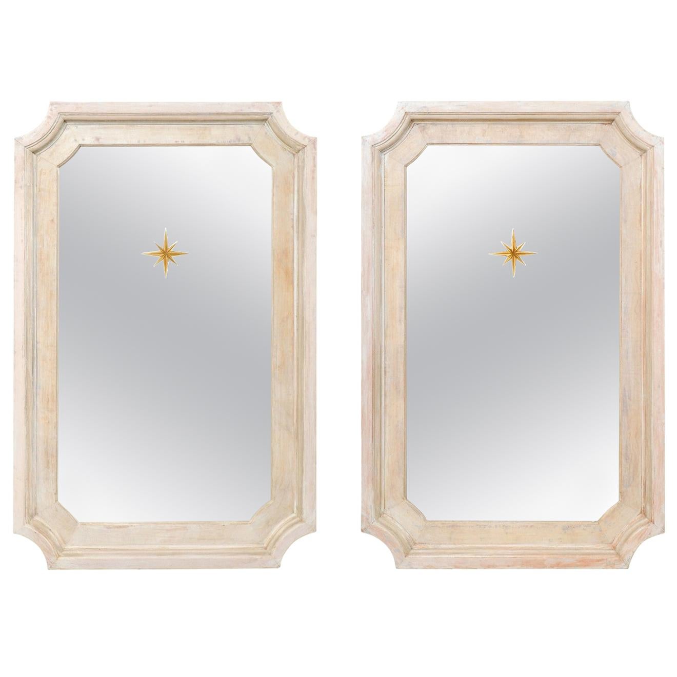 Artisan-Made Tall Wood Mirrors with Verre Églomisé Sunburst Center Accent, Pair