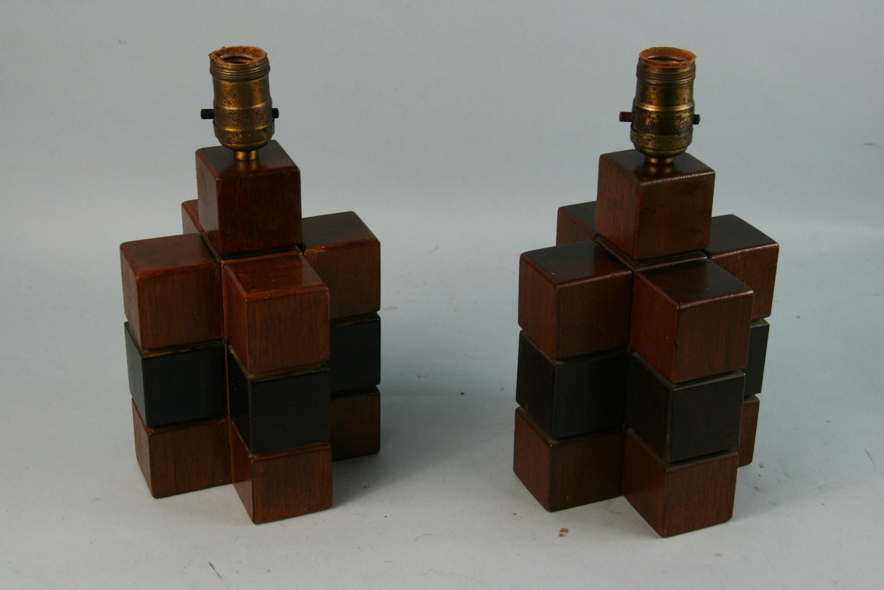 3-729 Pair artisan made one of a kind wood cube lamps.
Made in Sweden 1950