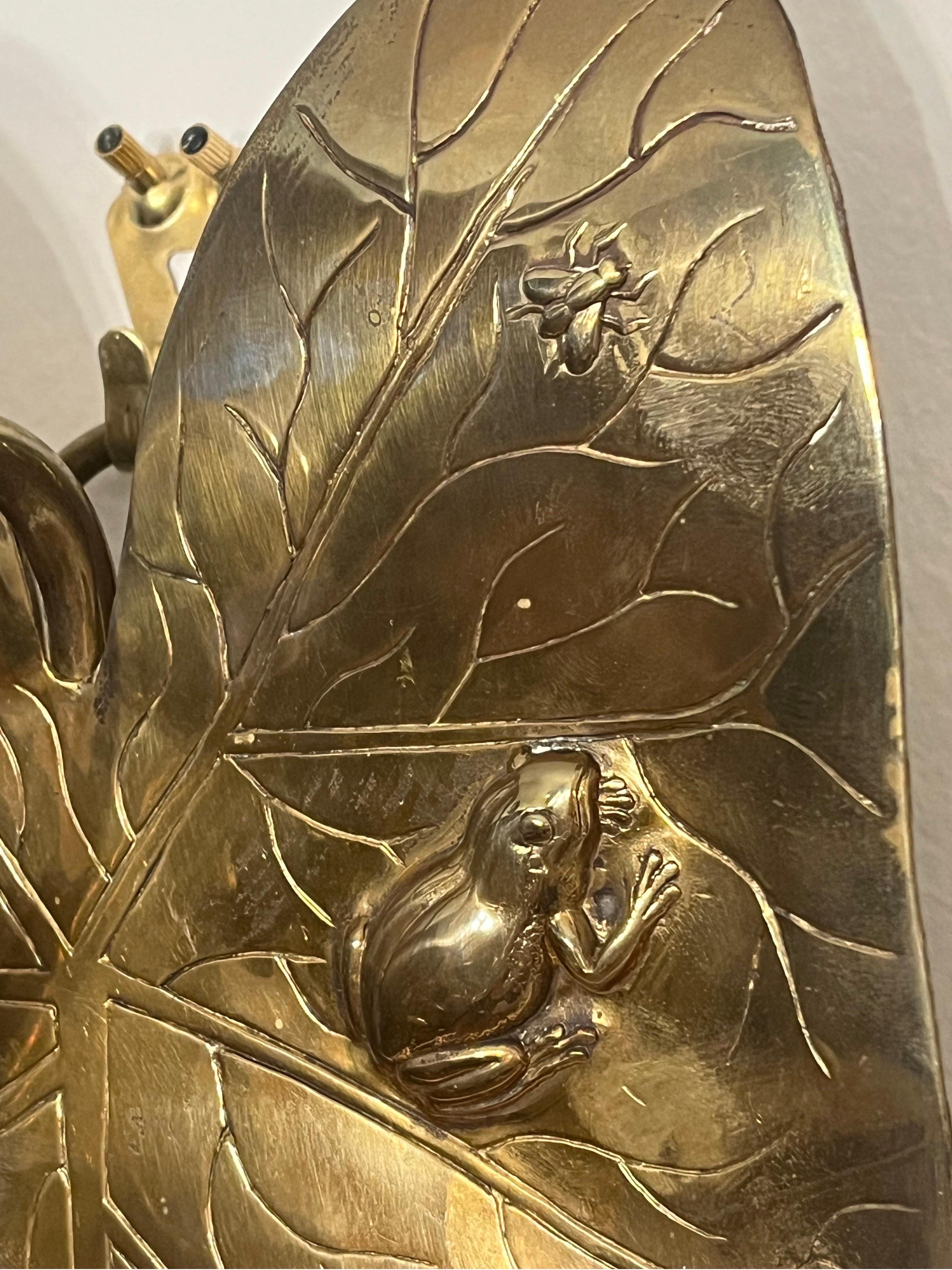 Pair Arts and Crafts Aesthetic Period Edwardian Brass Frog and Fly Candle Sconce 3