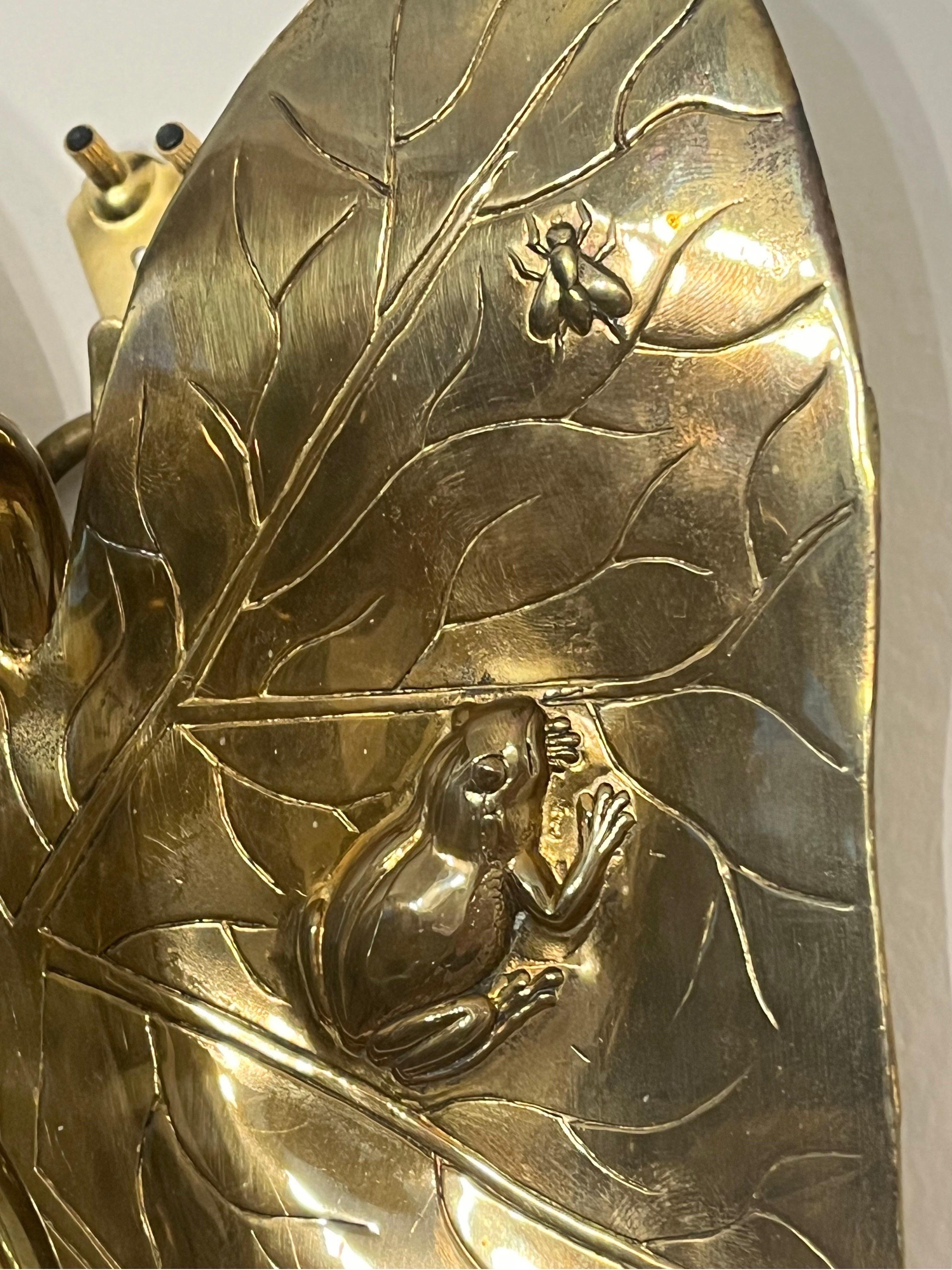 Pair Arts and Crafts Aesthetic Period Edwardian Brass Frog and Fly Candle Sconce 5