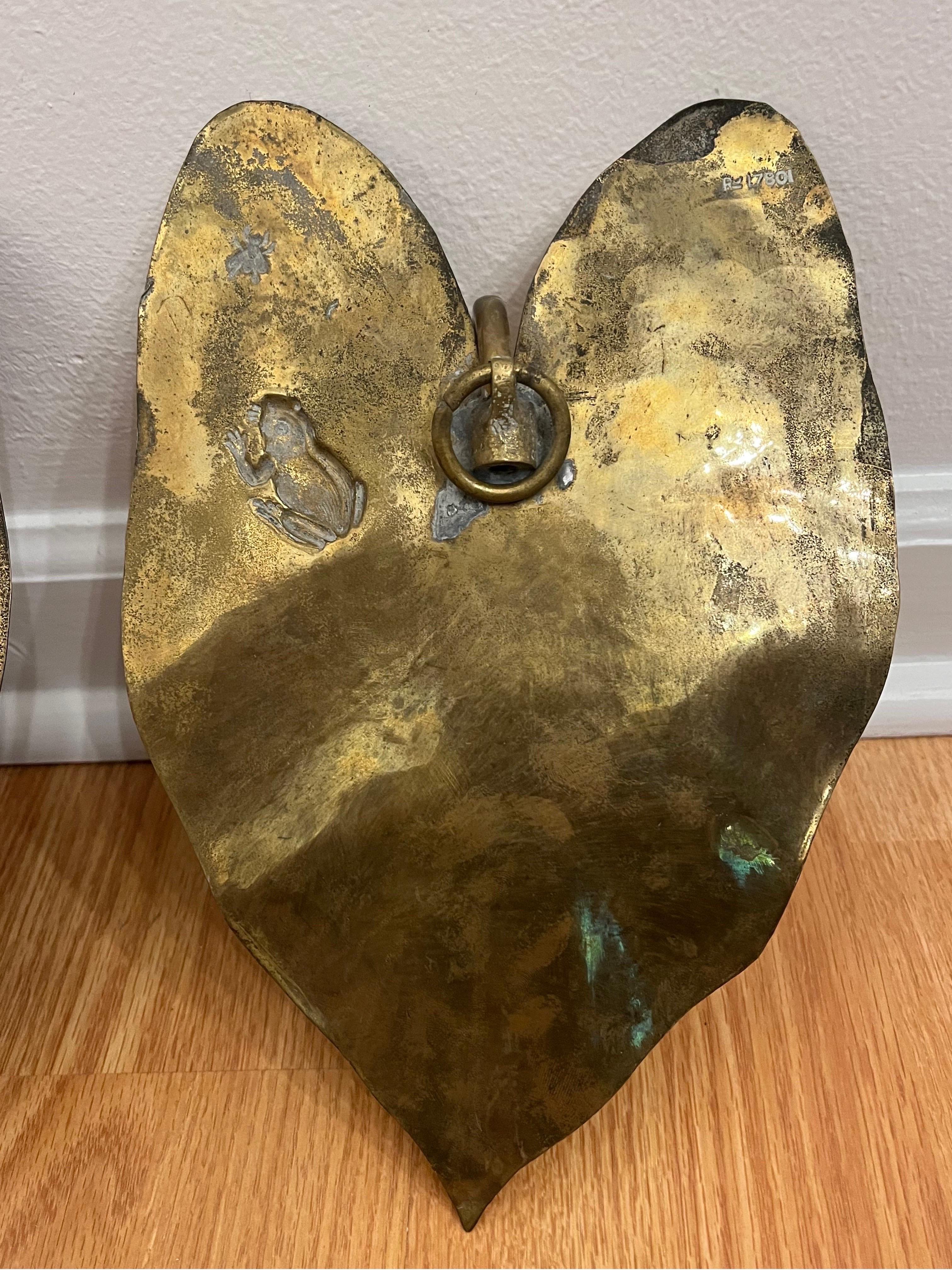 Pair Arts and Crafts Aesthetic Period Edwardian Brass Frog and Fly Candle Sconce 6