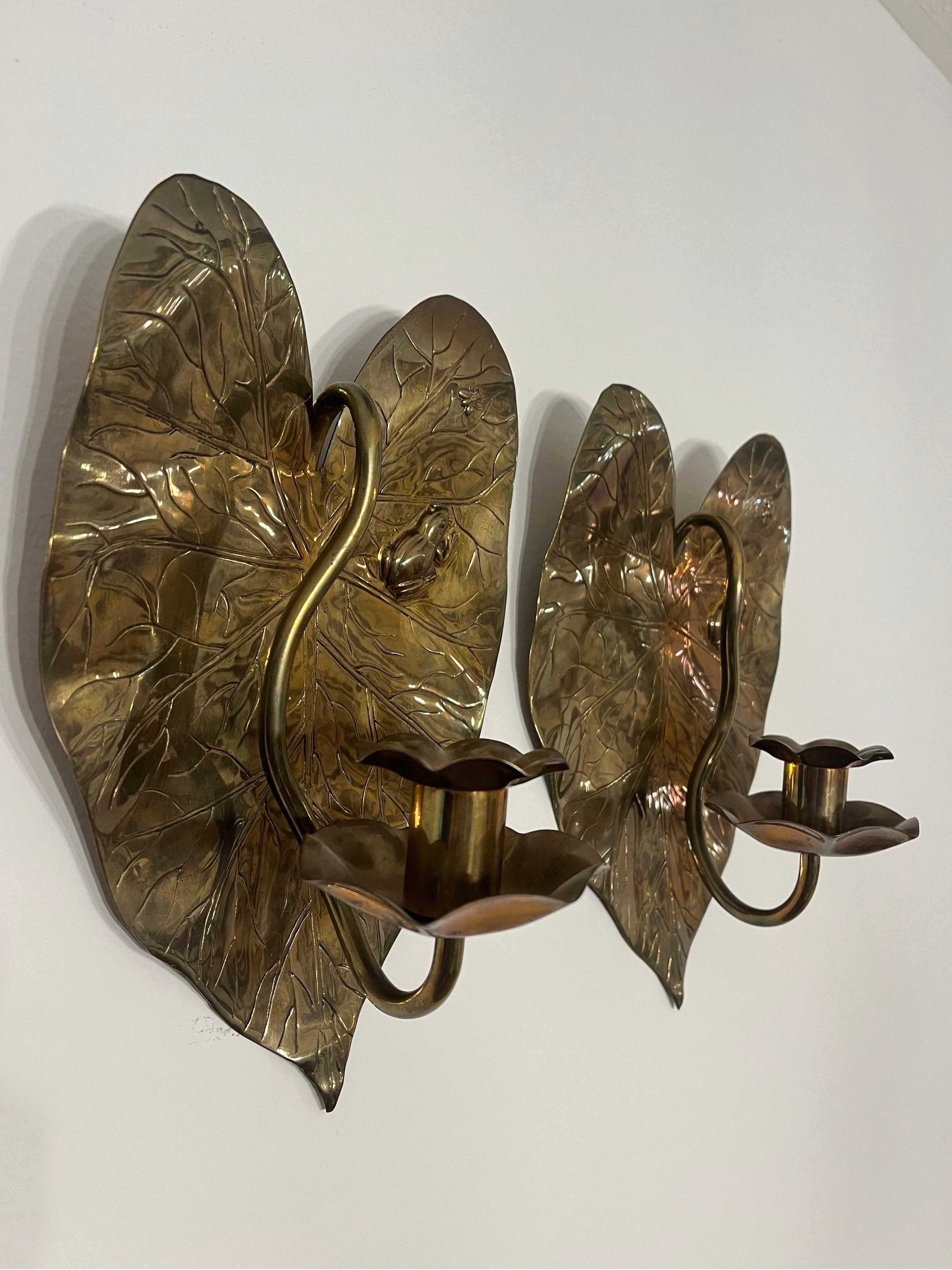 Pair Arts and Crafts Aesthetic Period Edwardian Brass Frog and Fly Candle Sconce 8
