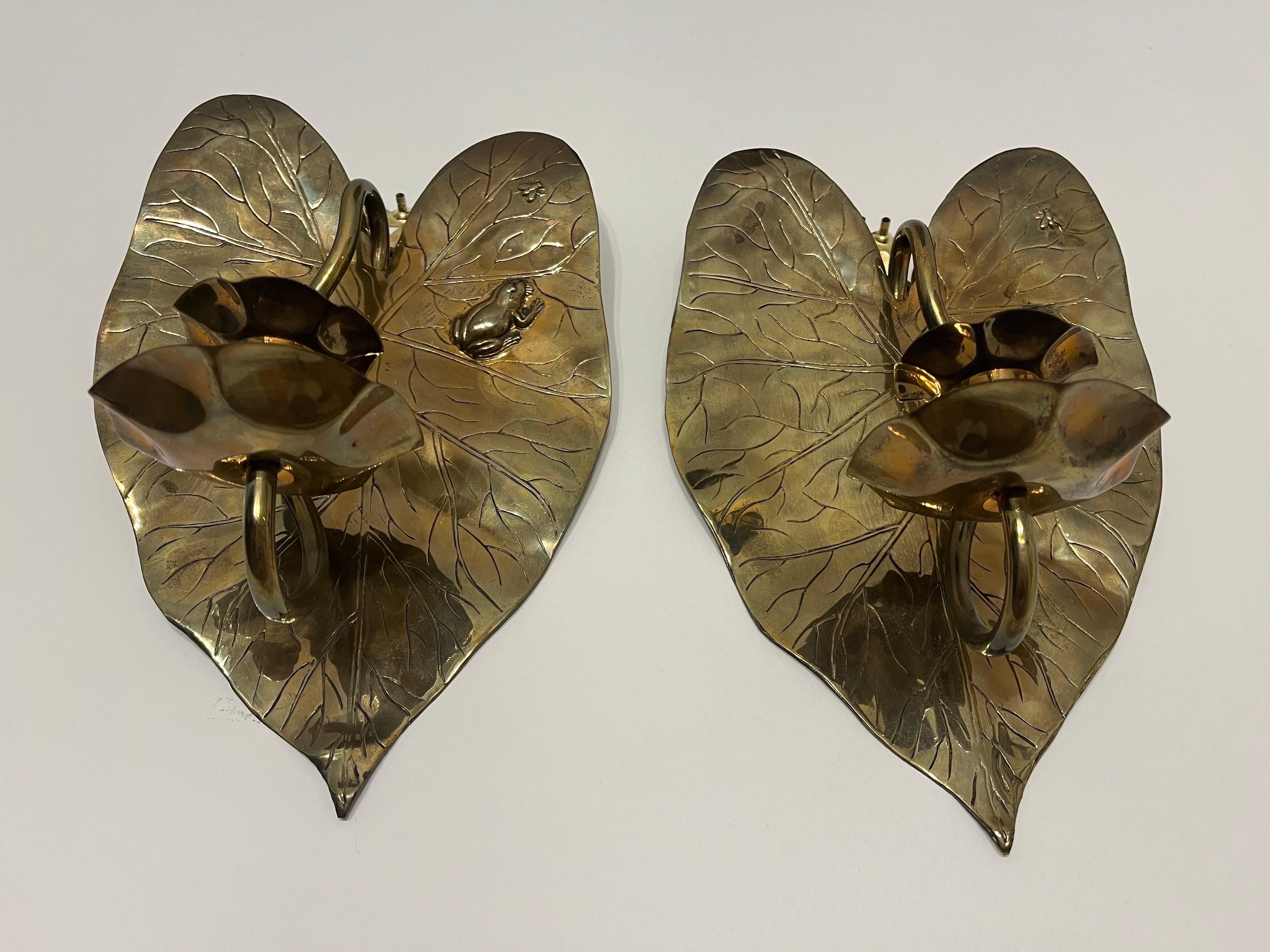 Pair Arts and Crafts Aesthetic Period Edwardian Brass Frog and Fly Candle Sconce 10
