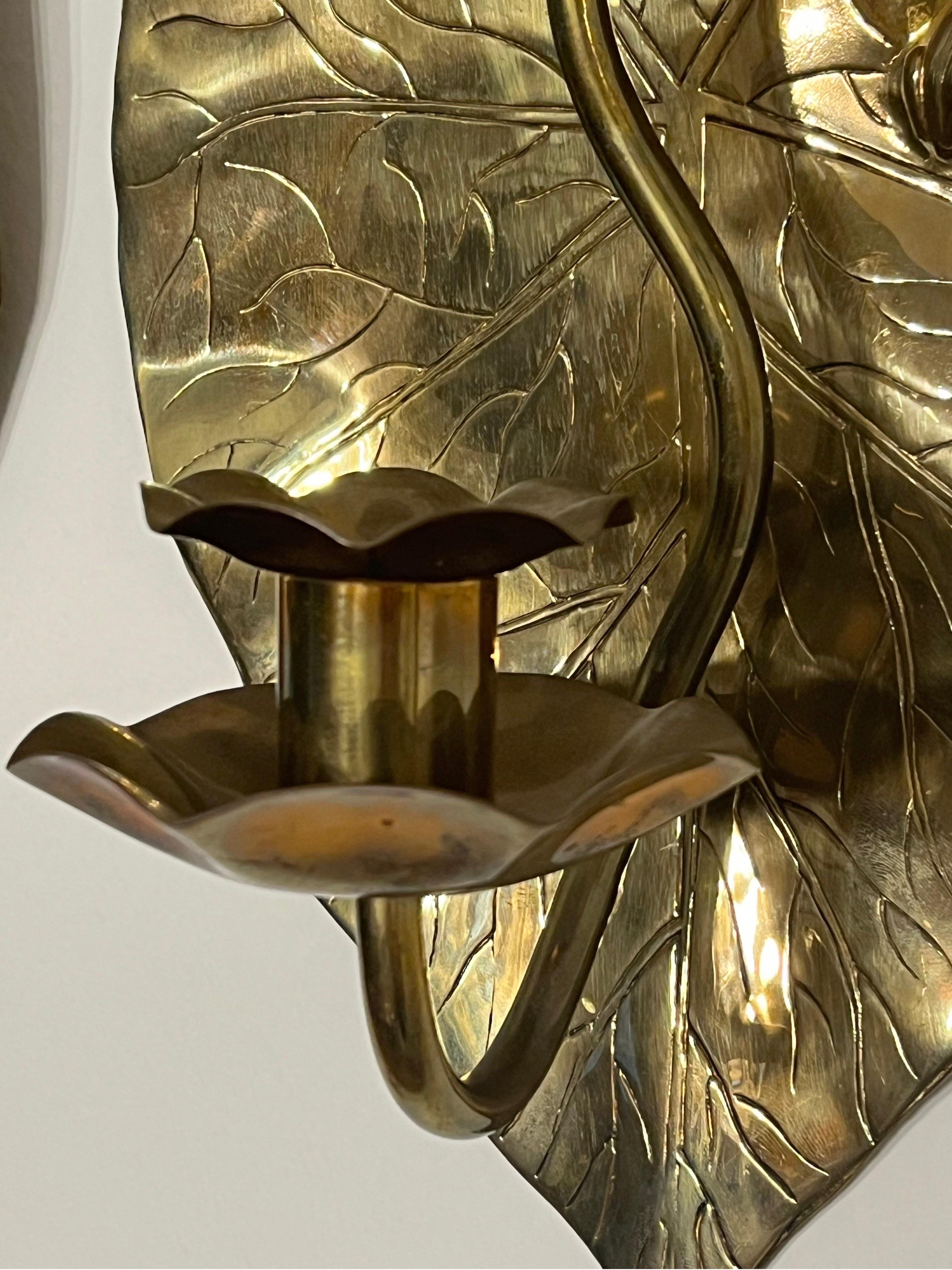 English Pair Arts and Crafts Aesthetic Period Edwardian Brass Frog and Fly Candle Sconce
